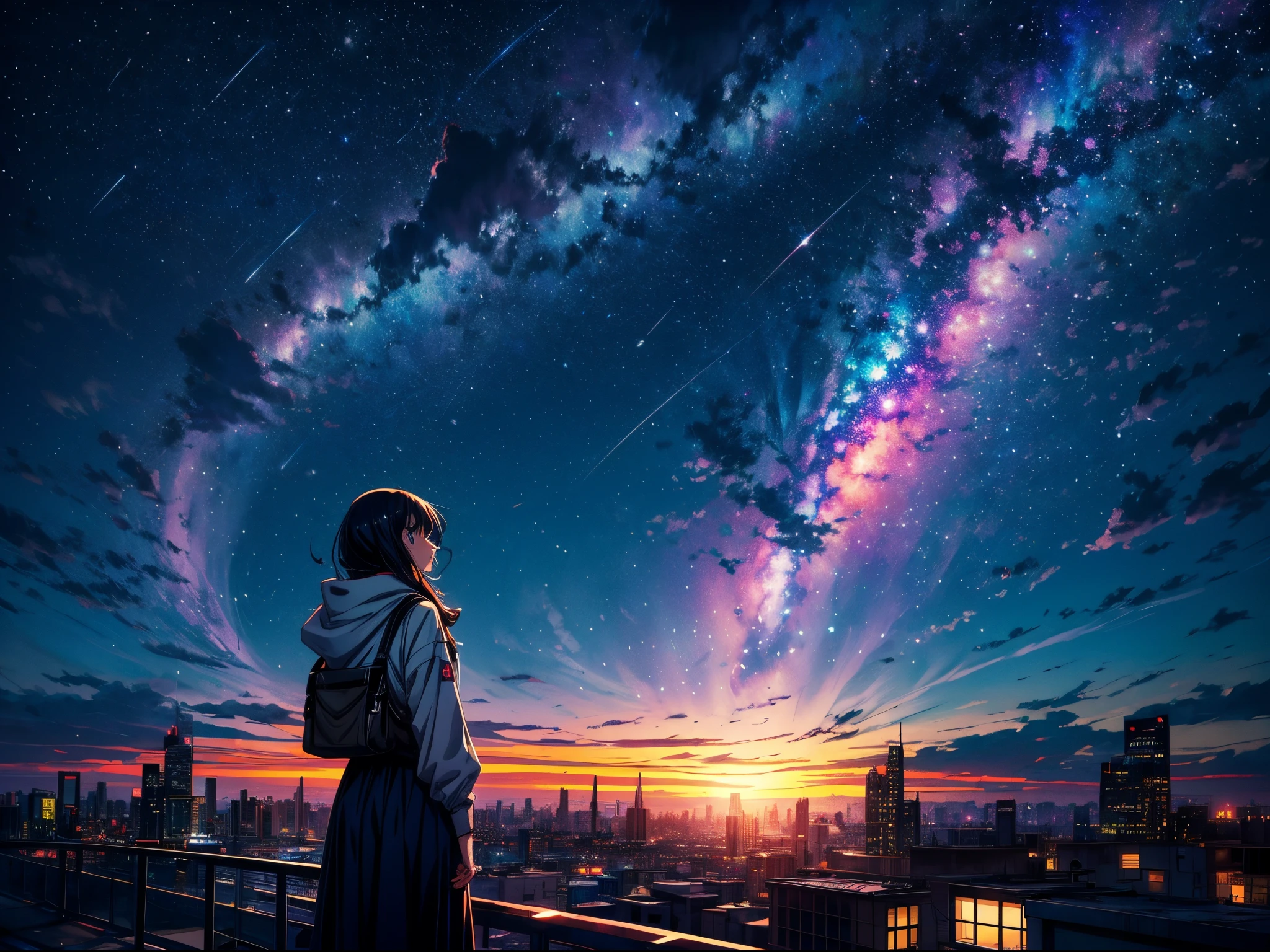 anime girl standing on rooftop looking at night sky with stars and rainbow, rainbow starry night, anime wallpaper 4k, anime wallpaper 4 k, 4k anime wallpaper, anime art wallpaper 8 k, anime art wallpaper 4k, anime art wallpaper 4 k, anime style 4 k, makoto shinkai cyril rolando, 4 k manga wallpaper, anime wallpaper, amazing wallpaper, shooting stars