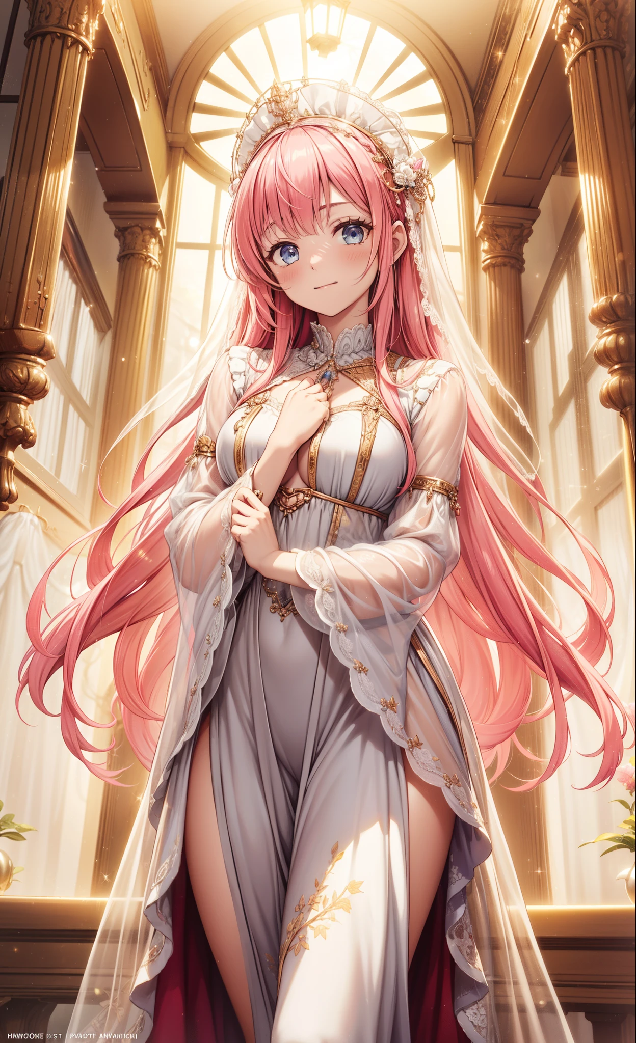 (Best quality at best, A high resolution, ctextured skin, high qulity, high detal,Extremely detailed CG unification), girl,Obsessed,Divine happiness,In love,(light victorian dress:1.2),with pink hair,eBlue eyes,(Fabric headdress),Maximalism,Multiple layers of delicate ruffles,Lots of lace,Multi-colored cloth,delicate embroidery,delicate patterns,Fabric headdress,Beautifully dressed,Sheer transparent clothes,Bedrooms,natta,Sparkling,(Show off:1.2),电影灯光,natta,the only person,Fluttering skirts,
