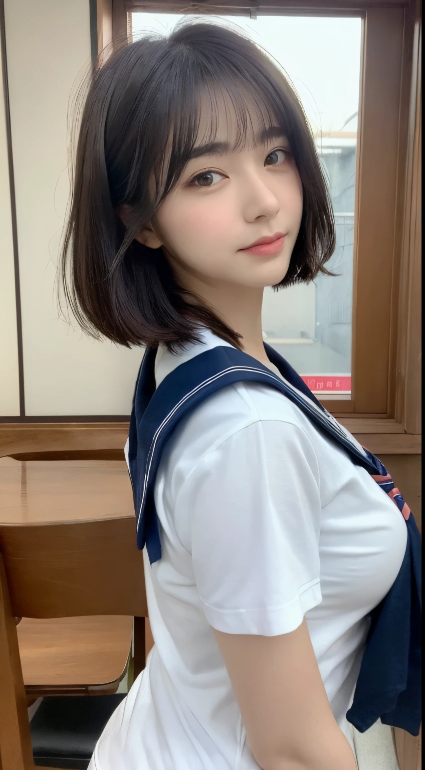 (best quality,8K,masterpiece:1.3),sharp focus:1.2,perfect body beauty:1.8,shapely buttocks:1.2,layered haircut,breasts:1.5,wet clothes:1.1,Japanese high school student,Japanese sailor uniform,school,classroom,extremely detailed face and skin texture,big eyes,fox-like face,double eyelids,pale skin,short hair.