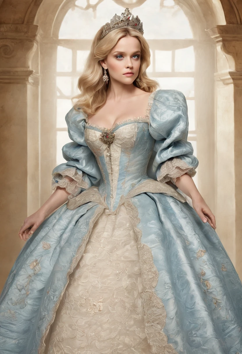 John Tenniel art, Formal and Official Coronation Portrait, Portrait of a stunningly beautiful young blonde Reese Witherspoon as a Queen wearing A Stately and Elaborate Royal Cinderella Court Gown with (((enormous puffed sleeves))), an hourglass waist, and a (((huge crinoline hoopskirt))) adorned with bows, embroidery, and jewels, long white gloves, pearl necklace and earrings