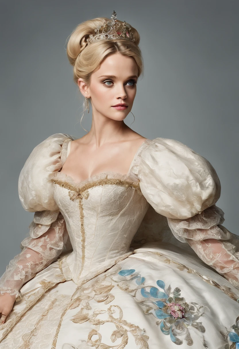 John Tenniel art, Formal and Official Coronation Portrait, Portrait of a stunningly beautiful young blonde Reese Witherspoon as a Queen wearing A Stately and Elaborate Royal Cinderella Court Gown with (((enormous puffed sleeves))), an hourglass waist, and a (((huge crinoline hoopskirt))) adorned with bows, embroidery, and jewels, long white gloves, pearl necklace and earrings