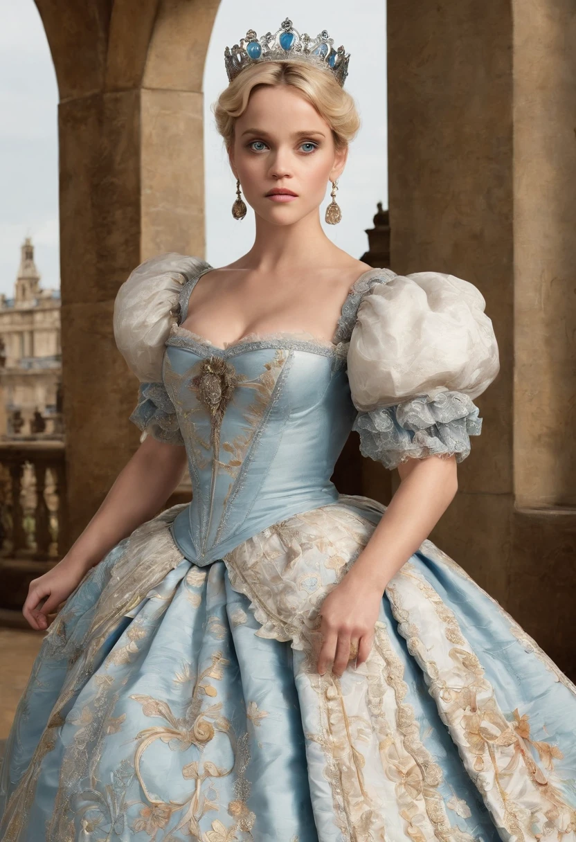 John Tenniel art, Formal and Official Coronation Portrait, Portrait of a stunningly beautiful young blonde Reese Witherspoon as a Queen wearing A Stately and Elaborate Royal Cinderella Court Gown with (((enormous puffed sleeves))), an hourglass waist, and a (((huge crinoline hoopskirt))) adorned with bows, embroidery, and jewels, long white gloves, pearl necklace and earrings