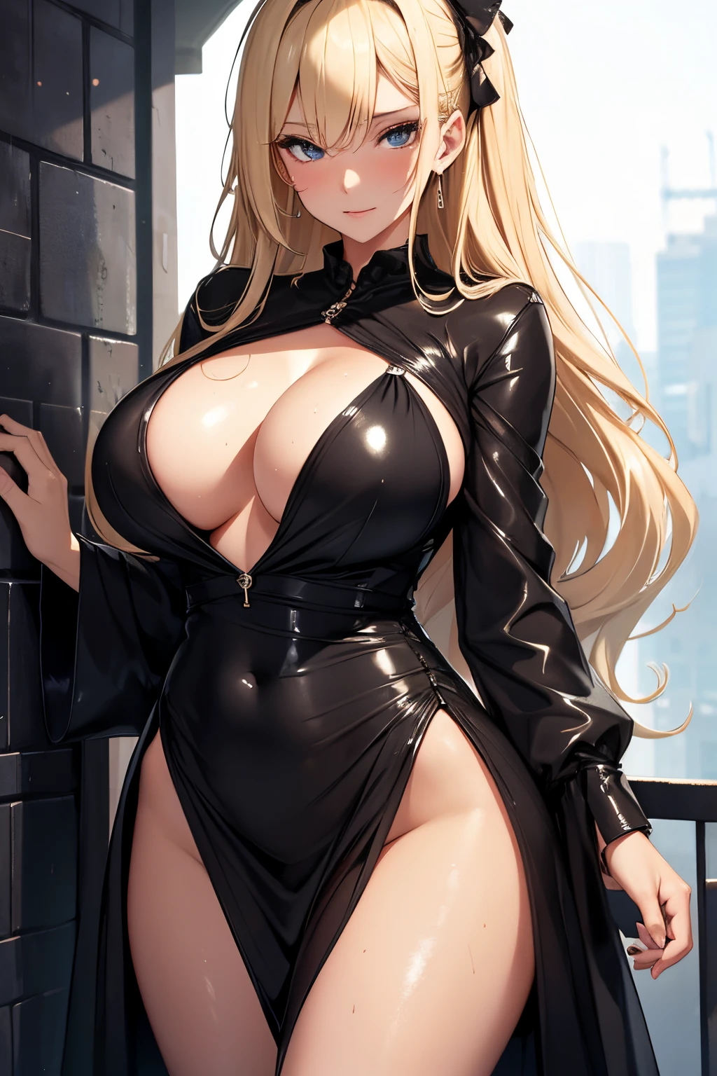 Sexy, black dress, big breasts, cleavage, beauty, blonde, wet skin, dewy skin,