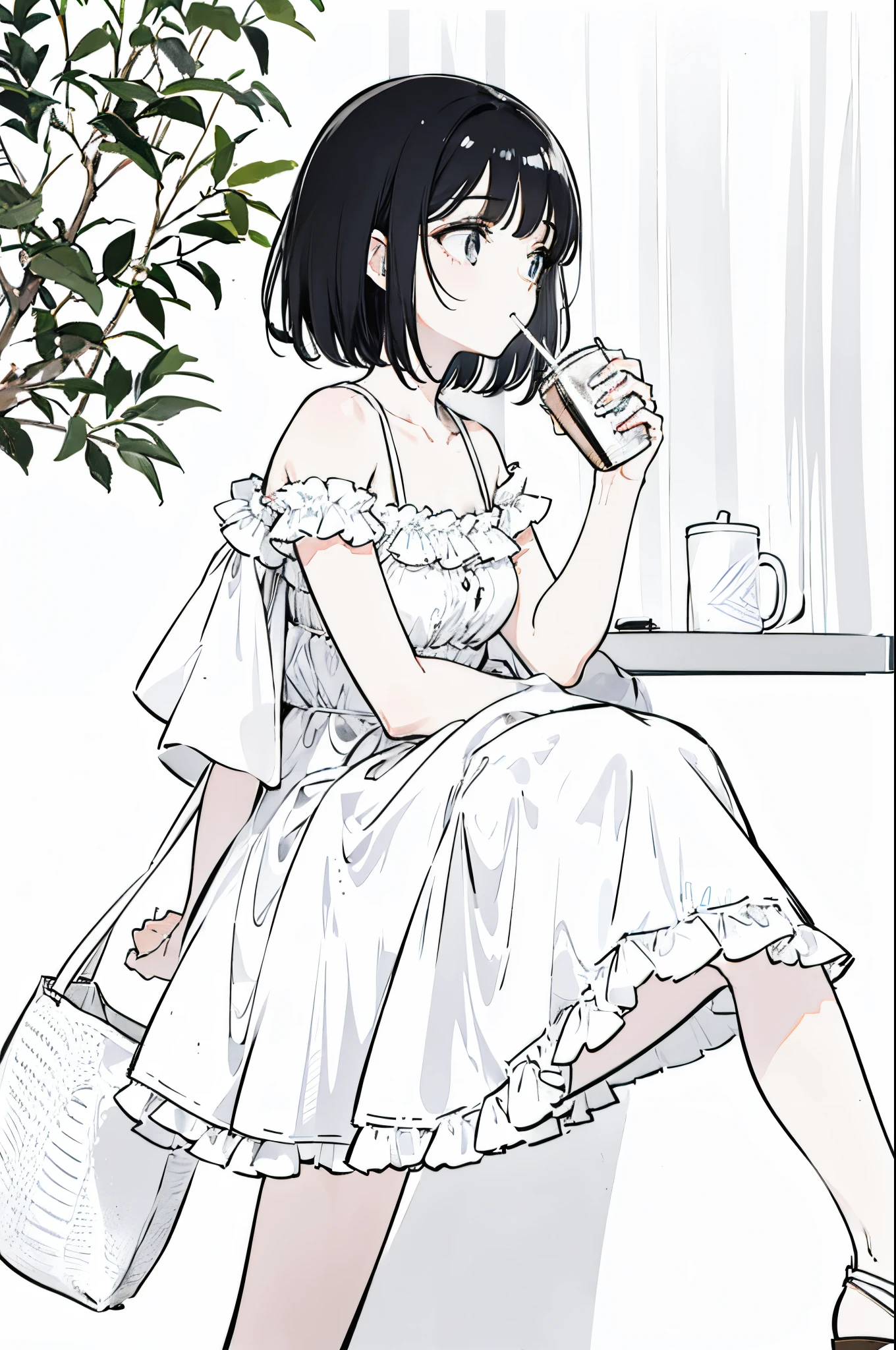 minimalist, good quality, minimalist line art, girl sipping a coffee, side view, beautiful girl, minimalist art, line art, no color, colorless, girl holding a coffee in side view, sipping coffee using a straw, minimalist, very minimalist line art, no background, only head and shoulder shot, black hair, short hair, sipping coffee from the straw that she was holding.