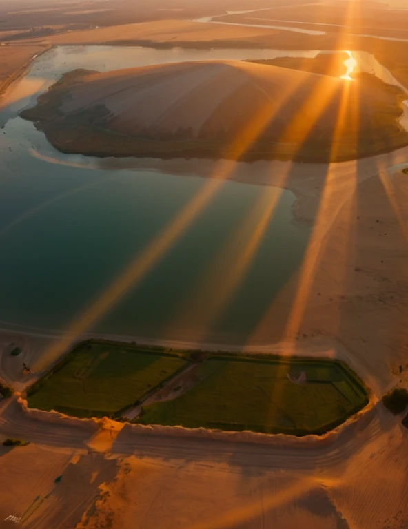 landscape, 2 lakes, sand ground, sunset,