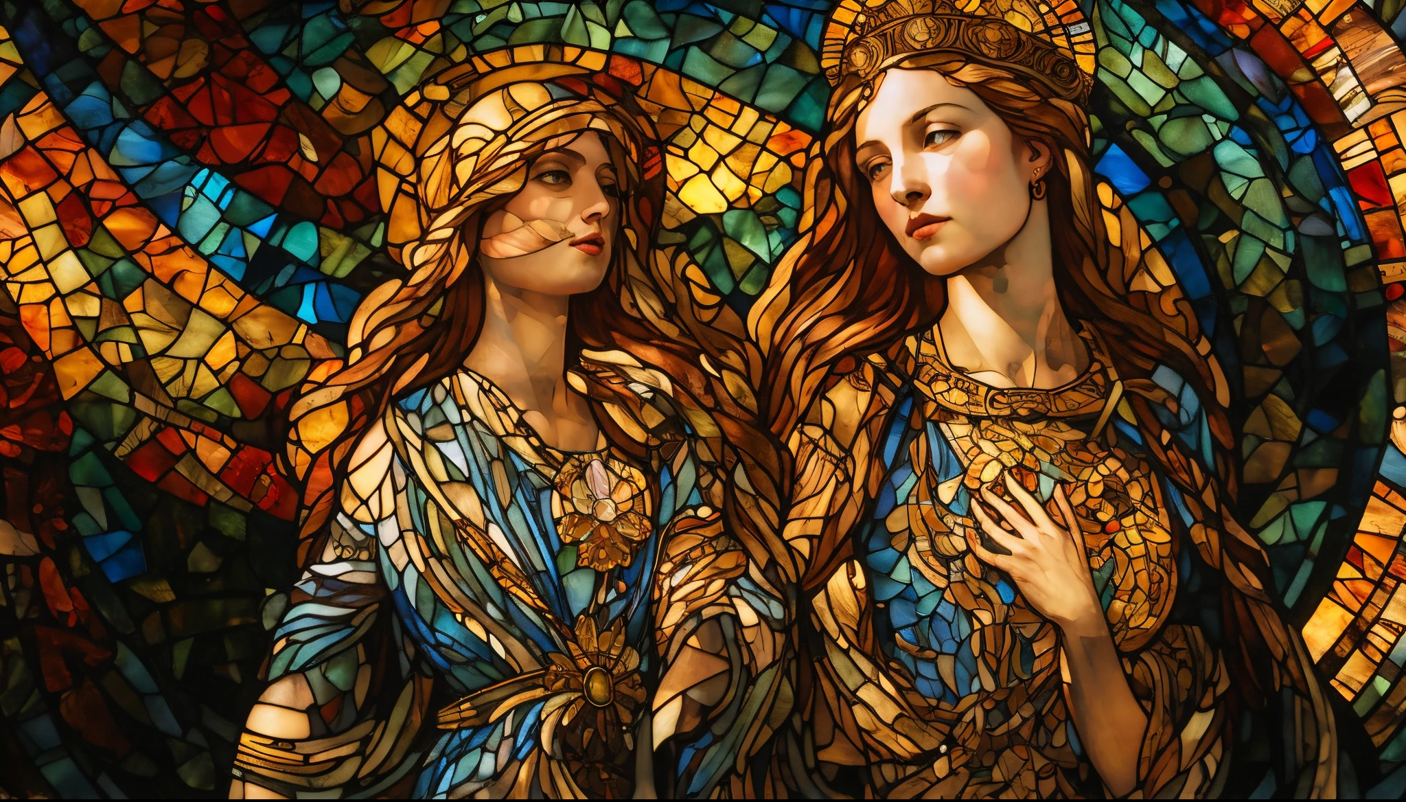 A sketch of two women inside a stained glass with a circular background々new image, Mucha Style 4K, raphaelite and mucha, Raphaelite and Alphonse Mucha, Musha Tiffany Kilian Engineering, demura and alphonse mucha, godesses, Mucha and Artem Demla, Stained Glass Art, Da Vinci and Alphonse Mucha, maxim verehin stained glass