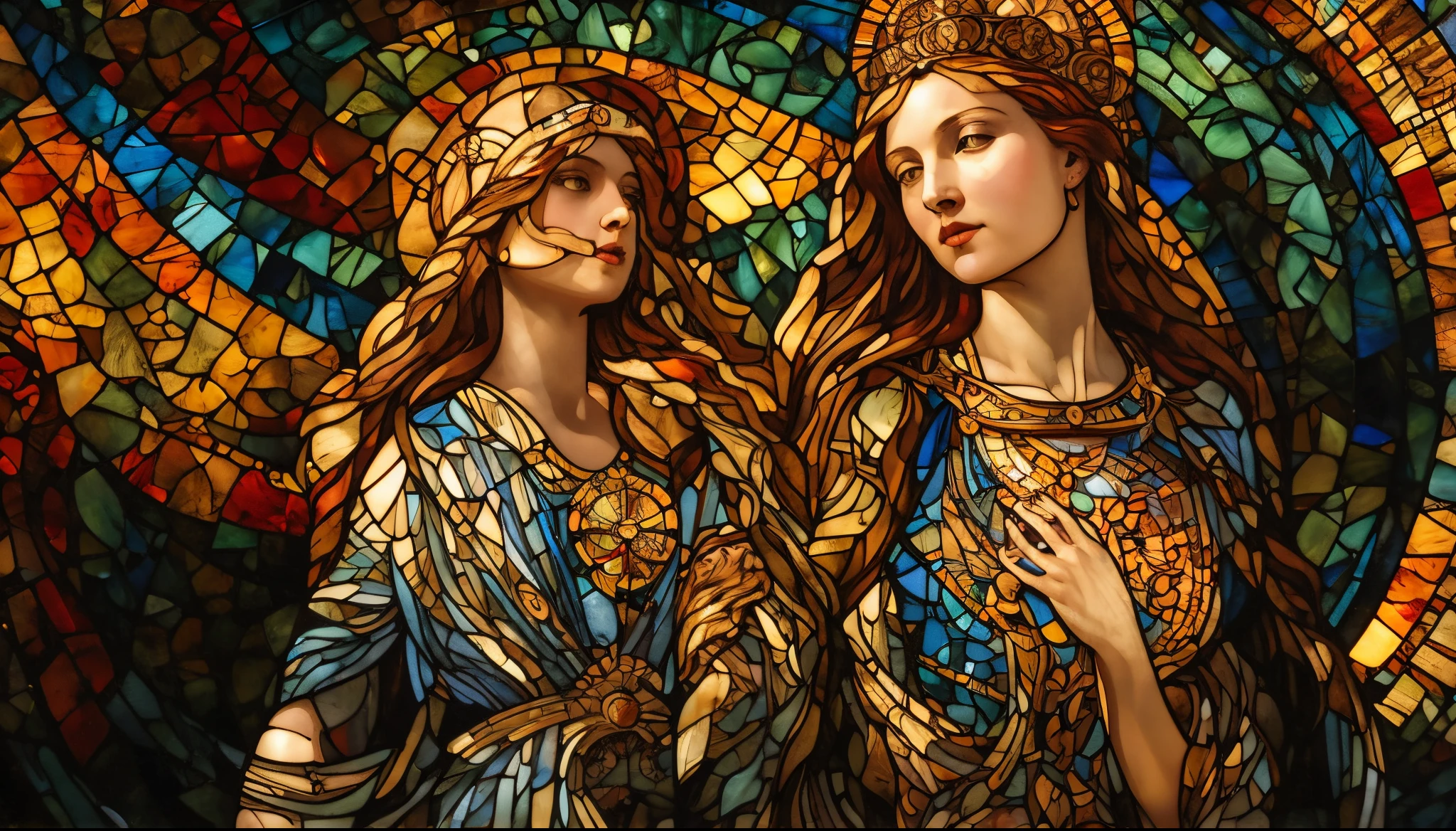 A sketch of two women inside a stained glass with a circular background々new image, Mucha Style 4K, raphaelite and mucha, Raphaelite and Alphonse Mucha, Musha Tiffany Kilian Engineering, demura and alphonse mucha, godesses, Mucha and Artem Demla, Stained Glass Art, Da Vinci and Alphonse Mucha, maxim verehin stained glass