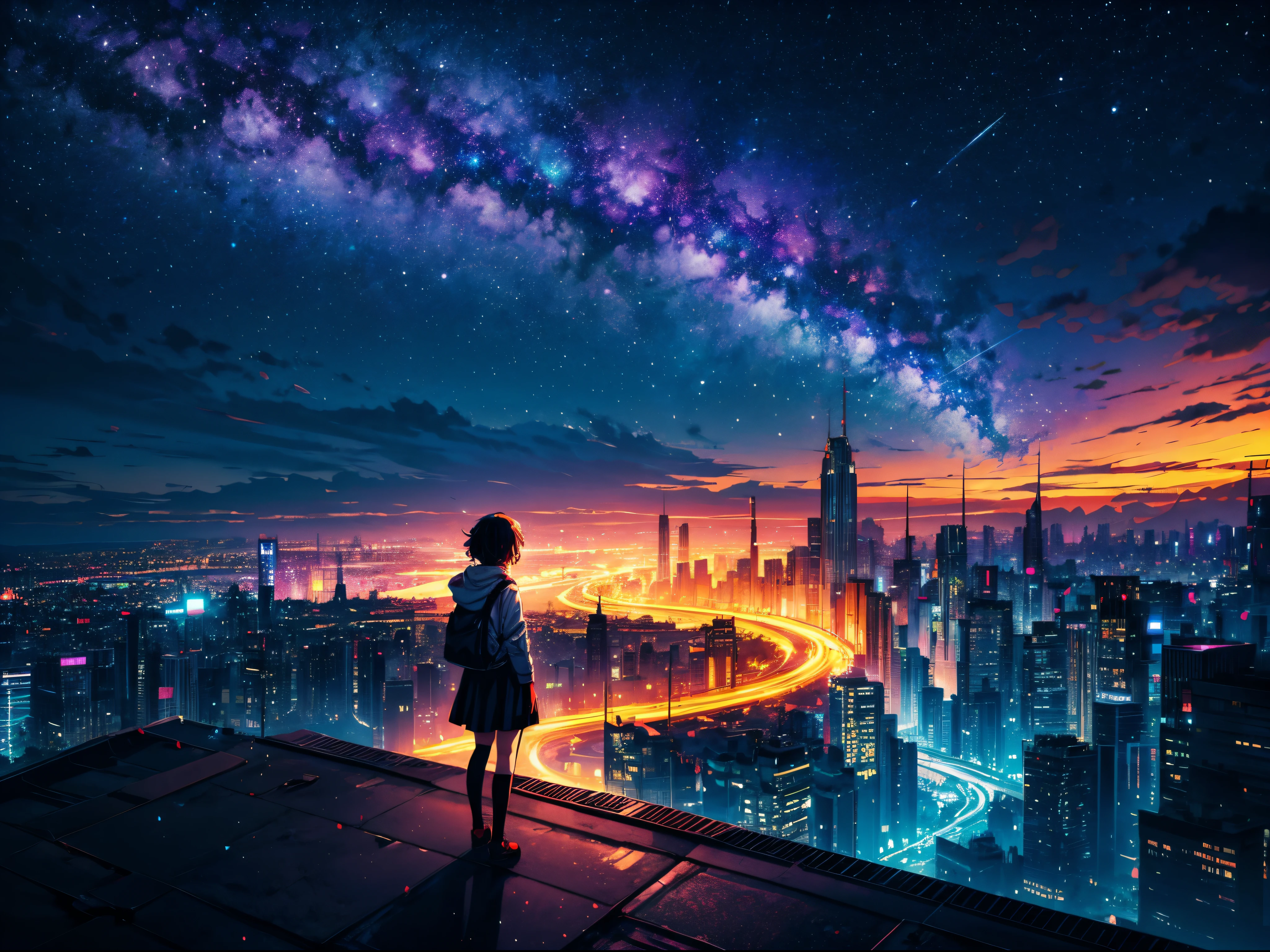 anime girl standing on rooftop looking at night sky with stars and rainbow, rainbow starry night, anime wallpaper 4k, anime wallpaper 4 k, 4k anime wallpaper, anime art wallpaper 8 k, anime art wallpaper 4k, anime art wallpaper 4 k, anime style 4 k, makoto shinkai cyril rolando, 4 k manga wallpaper, anime wallpaper, amazing wallpaper, shooting stars