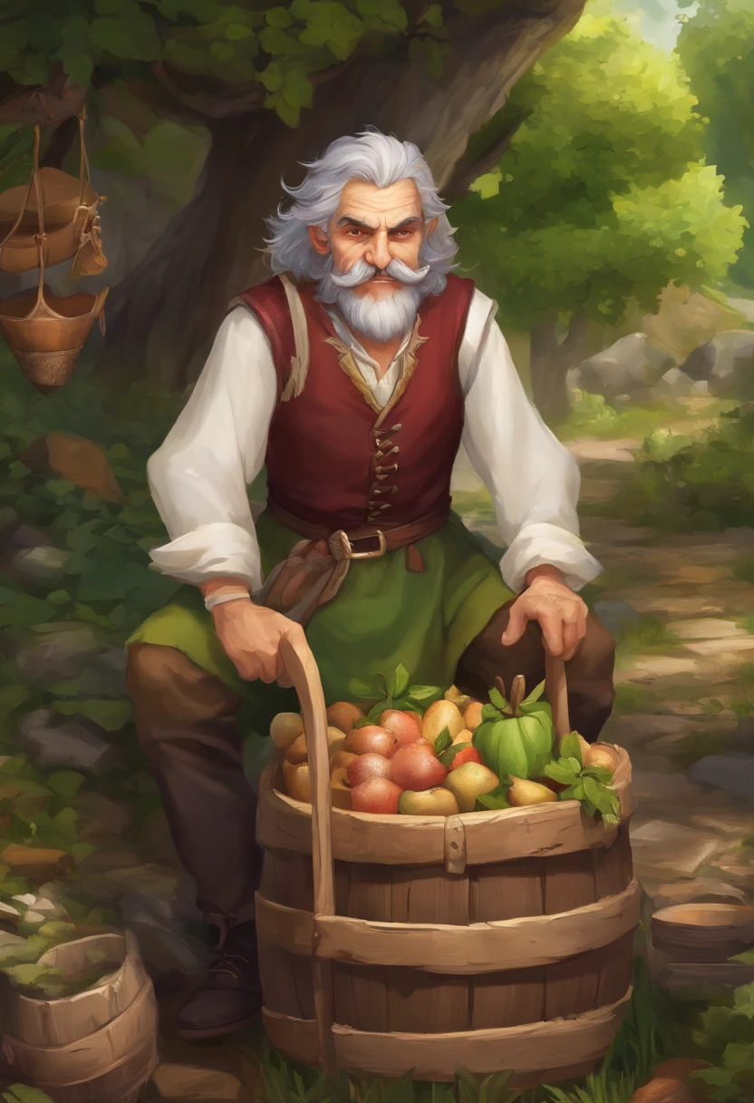 male food merchant, beautiful eyes, green shirt with white sleeves, green pants, gray hair, gray mustache, next to a wooden cart, next to wooden barrels and boxes, far behind is a magical forest, fantasy, Middle Ages, artstation, hdr, intricate details, cinematic, best quality, 4k, 8k, highres, masterpiece