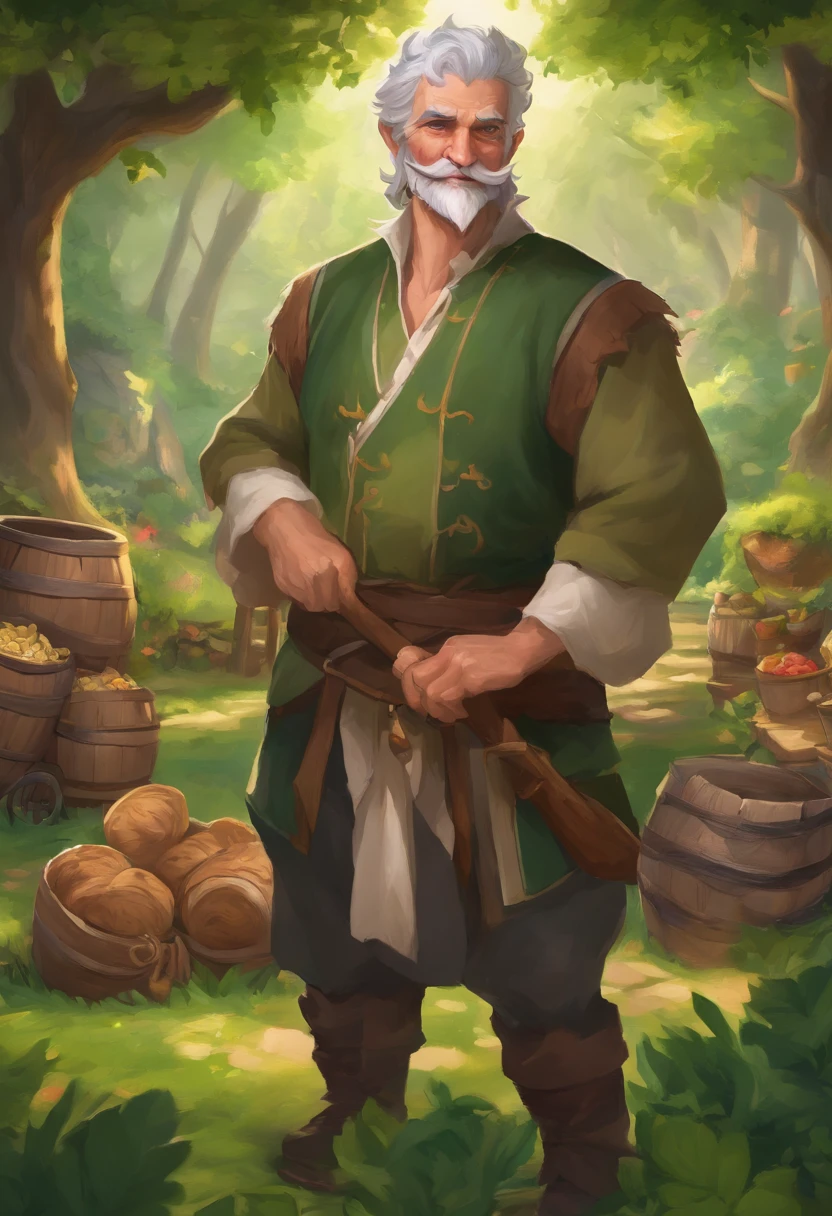 male food merchant, beautiful eyes, green shirt with white sleeves, green pants, gray hair, gray mustache, next to a wooden cart, next to wooden barrels and boxes, far behind is a magical forest, fantasy, Middle Ages, artstation, hdr, intricate details, cinematic, best quality, 4k, 8k, highres, masterpiece