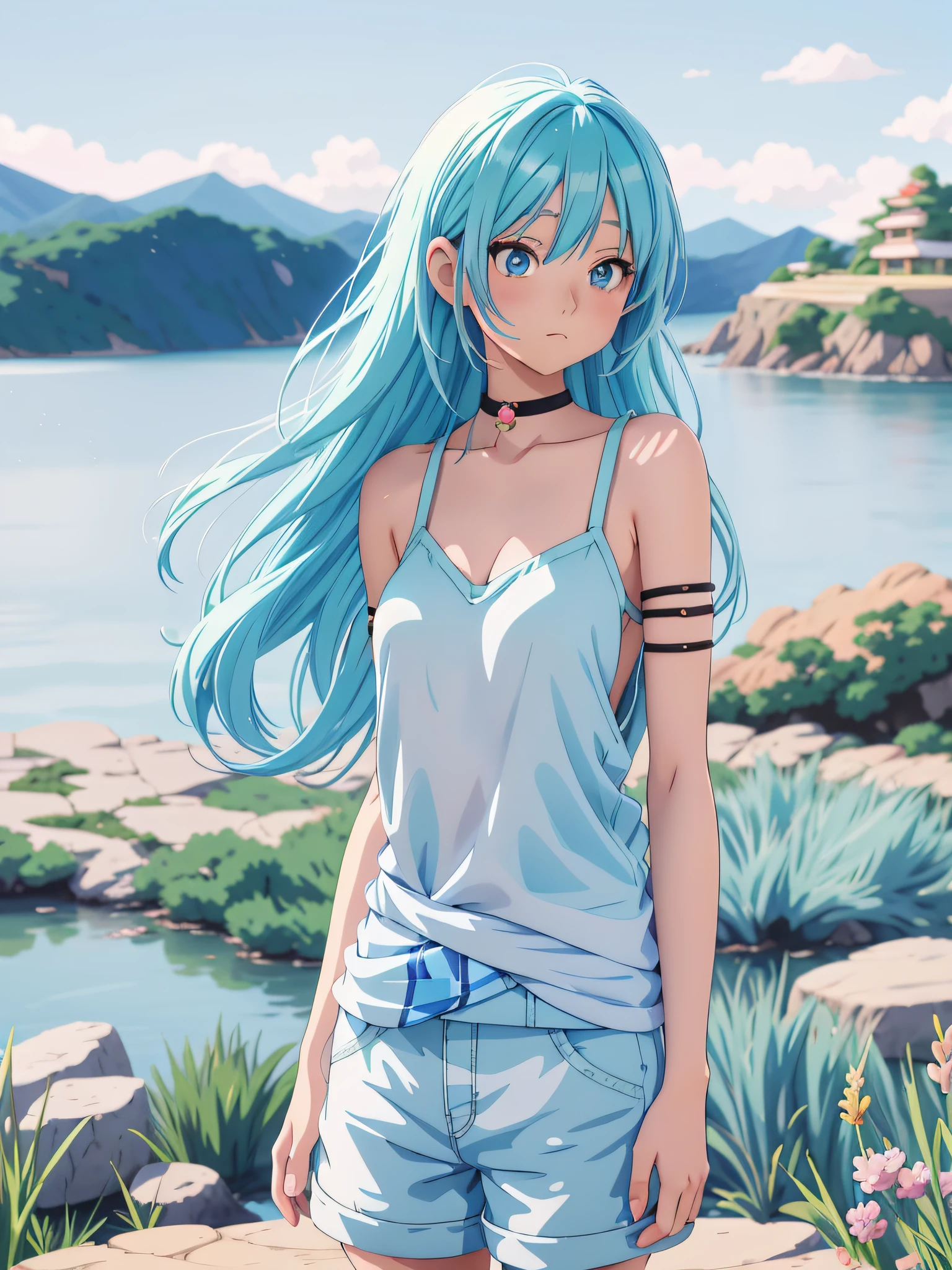 anime girl with blue hair standing on a rock by the water, anime girl with teal hair, anime style mixed with fujifilm, beautiful blue haired girl, anime style. 8k, anime styled digital art, anime artstyle, girl with blue hair, beautiful anime style, anime styled, beautiful anime art style, anime style illustration, semirealistic anime style, anime vibes