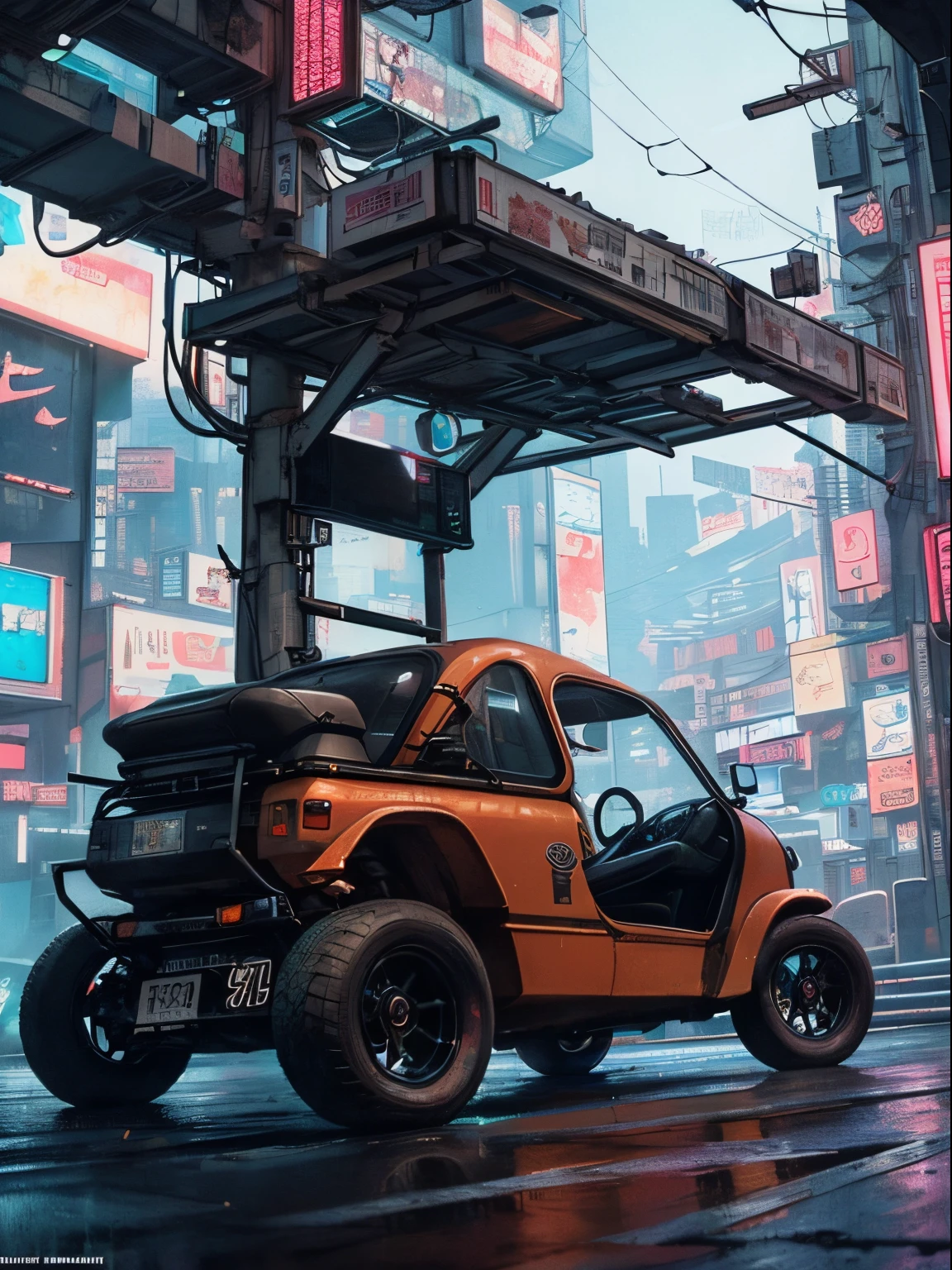 (at late night:1.3), , (detailed beautiful skin textures, detailed beautiful face, ultra detailed clothing textures), , (Cyberpunk:1.4), , (an ultra detailedfour-wheeled and long bonnet tuk-tuk with load on roof carrier and eear loading platform with luggage on it and letter-tyres), , (3/4 front view, The car is in the center of the frame), , (at parking area, at ultra detailed Night City of Cyberpunk), (All cars are classic cars with cyberpunk custumed), , (softlighting), , (masterpiece, best quality:1.4, 8k, ultra detailed, illustration, distinct_image, intricate_details, delicate illustration), (realistic:0.15),