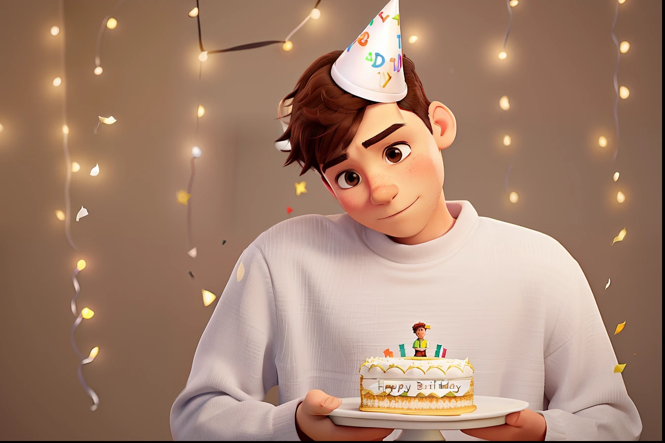 Sad 16 year old boy with brown hair and white skin holding a piece of birthday cake and wearing a birthday party hat