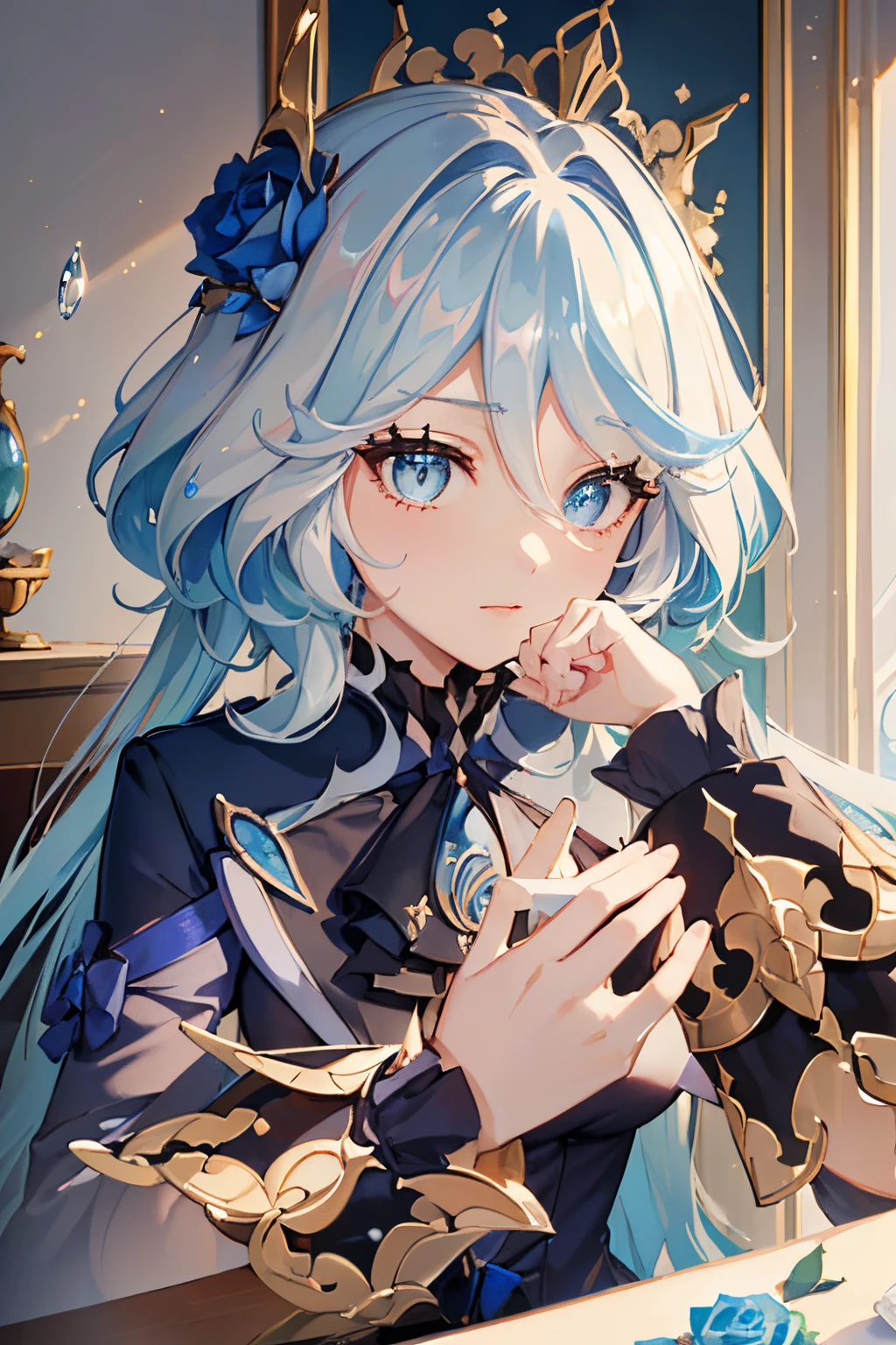 Friner, surrealism, 8K, yes, Super detail, Hydroelectric Akron, upper legs, Sitting, ??? face, Smug, Beautiful eyes, Masterpiece, high resolution, 8K, anime woman, Delicate and meticulous text 、detailed digital illustration、(((Genshin Impact))、Shiny hair、A very beautiful woman、High image quality, High quality、Detailed background、The inside of the eye sparkles like a diamond、(((Blue hair)))、(((sweeping bangs)))、Gradient pupils、(((2 arms、4 fingers, 1 thumb)))、detailed feminine face、A very beautiful woman、、细致背景、tmasterpiece、Soft focus , Bright gradient watercolor , Lens flare , (((glitters))) , Glow , Dreamy ,、((Very beautiful light blue rose hair ornament)), Luxury room background