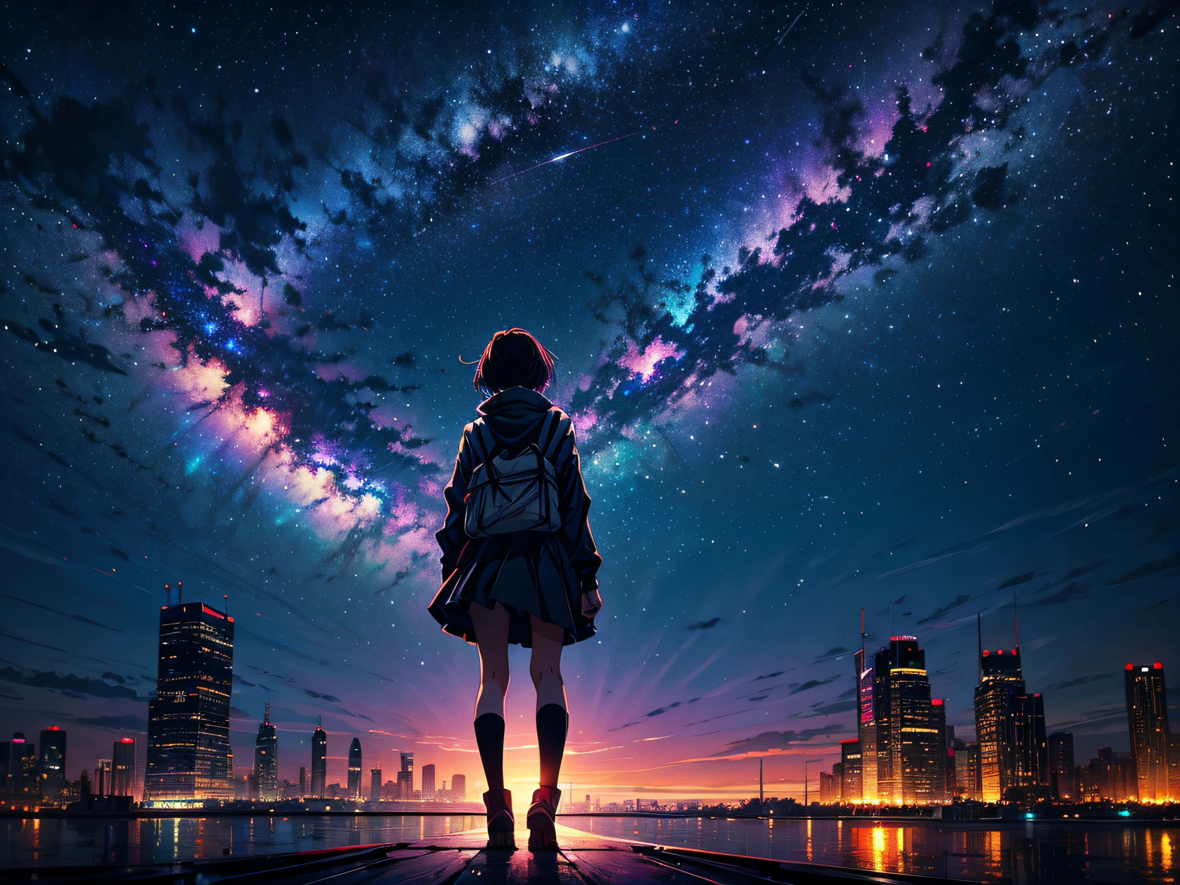anime girl standing on rooftop looking at night sky with stars and rainbow, rainbow starry night, anime wallpaper 4k, anime wallpaper 4 k, 4k anime wallpaper, anime art wallpaper 8 k, anime art wallpaper 4k, anime art wallpaper 4 k, anime style 4 k, makoto shinkai cyril rolando, 4 k manga wallpaper, anime wallpaper, amazing wallpaper, shooting stars