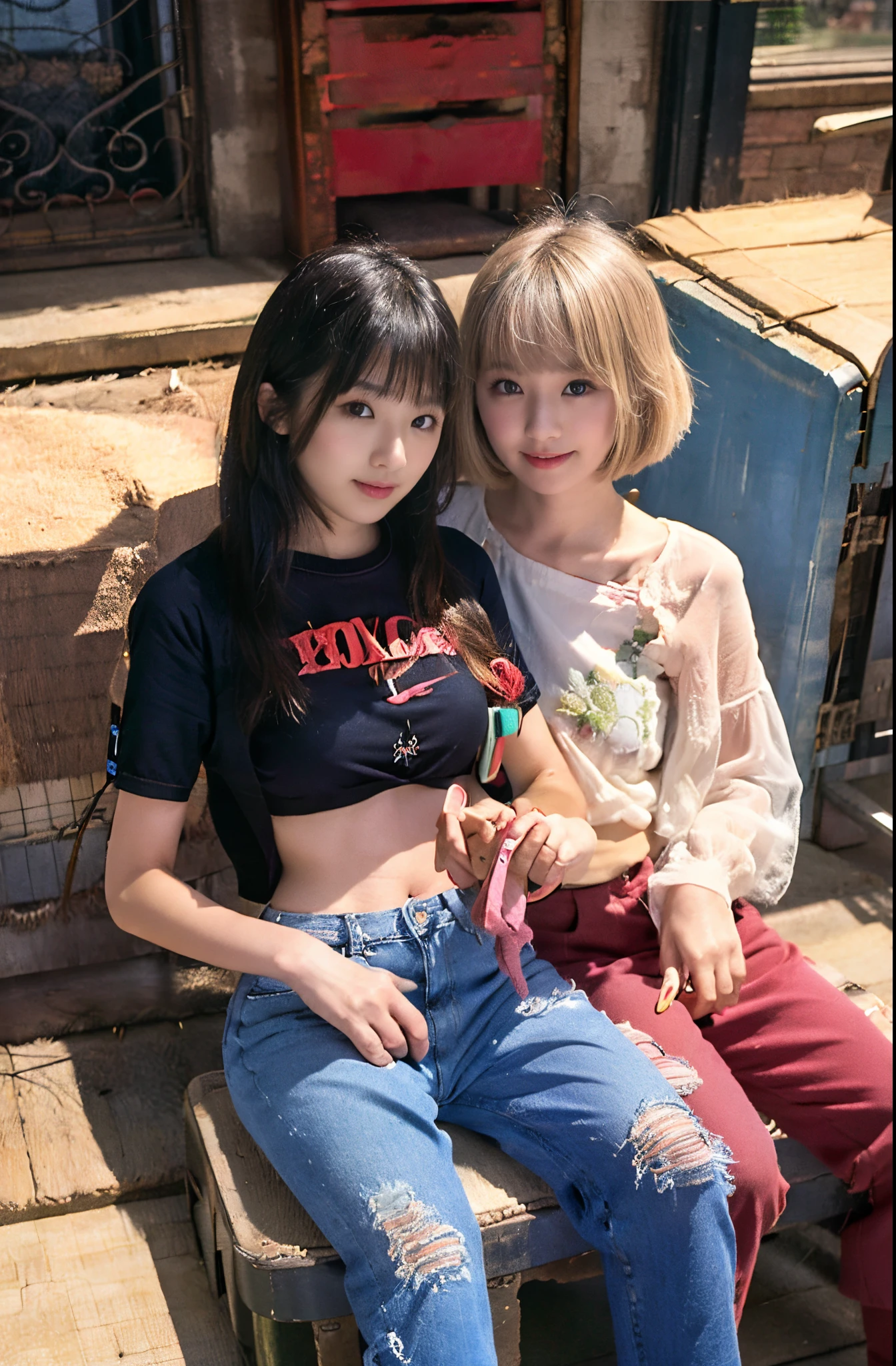 The proportions are the same for all races, All faces and pictures must be different,(ulzzang-6500-v1.3,pureeroface_v1,octane rendering),elegant pose,xxmix girl women, High level of image quality、Like a shot with an SLR、Super detailed illustration of two women, Duo,sisterhood ,sitted,Petting the,closeup portrait,hugs,strabismus:1.4,Depicting the eternal beauty and spirit of two women in 1990. they have a braided hairstyle as used to be in the 80's with lots of thin braids. They wore low-rise jeans and crop tops, 90s clothes. environment in the 1990s, Ms. Schiffer&#39;s work. _电影灯光_v2