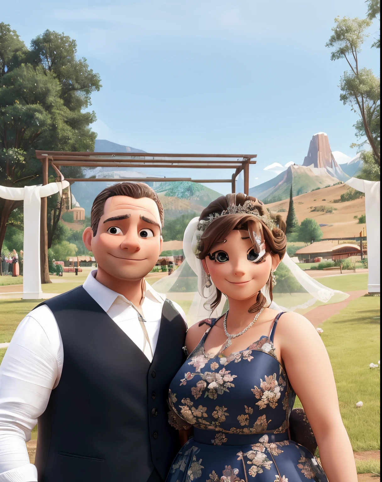 they are posing for a picture in front of a sign that says tusco, bride and groom, profile image, lovely couple, wedding photo, couples portrait, happy couple, background is heavenly, park in background, muy definido, with mountains in the background, jacqueline e, in front of white back drop, with a park in the background