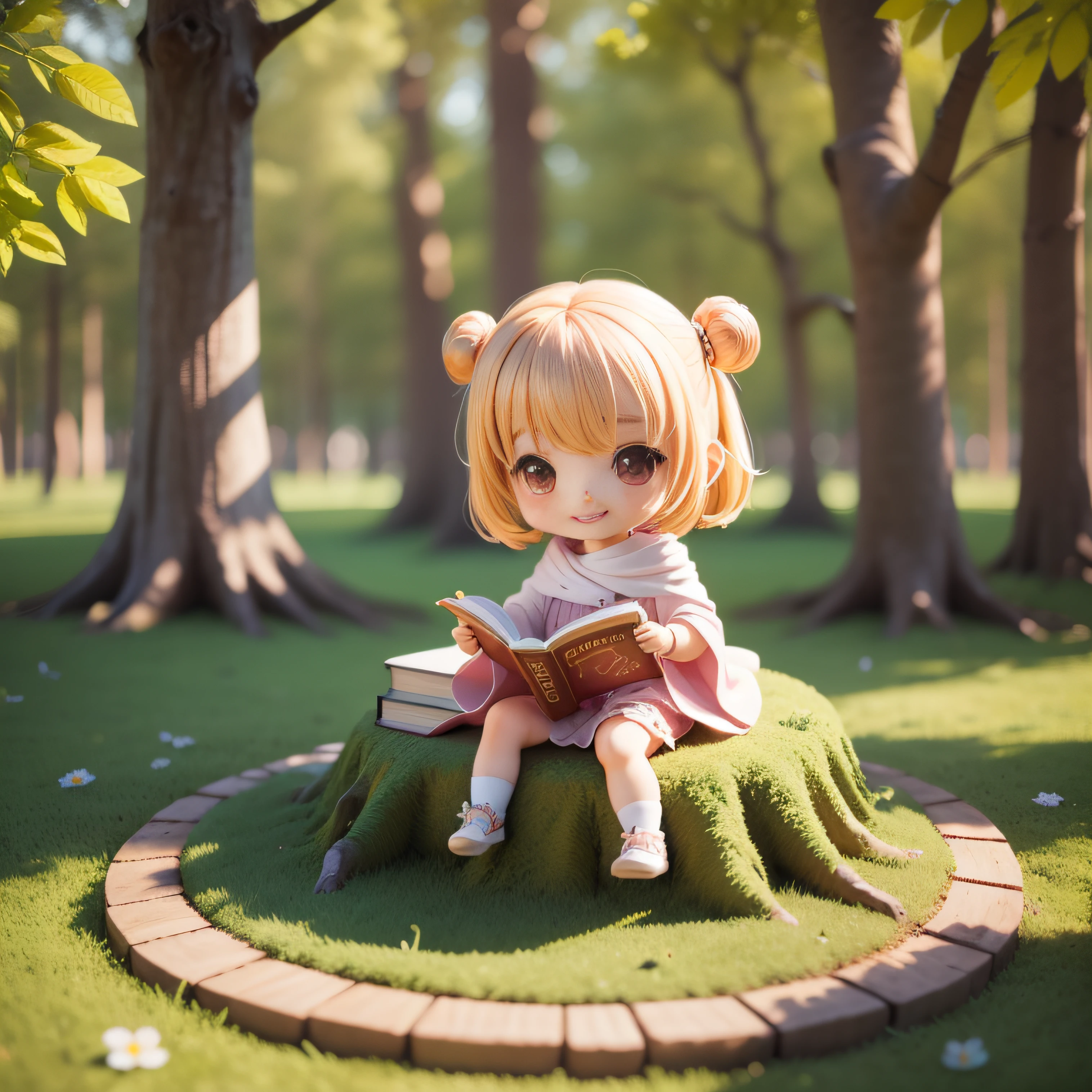 Cute Baby Chibi Anime,(((Chibi 3D))) (Best Quality) 、Have a book open、Sitting in the forest、Open your mouth and smile、robe blanche