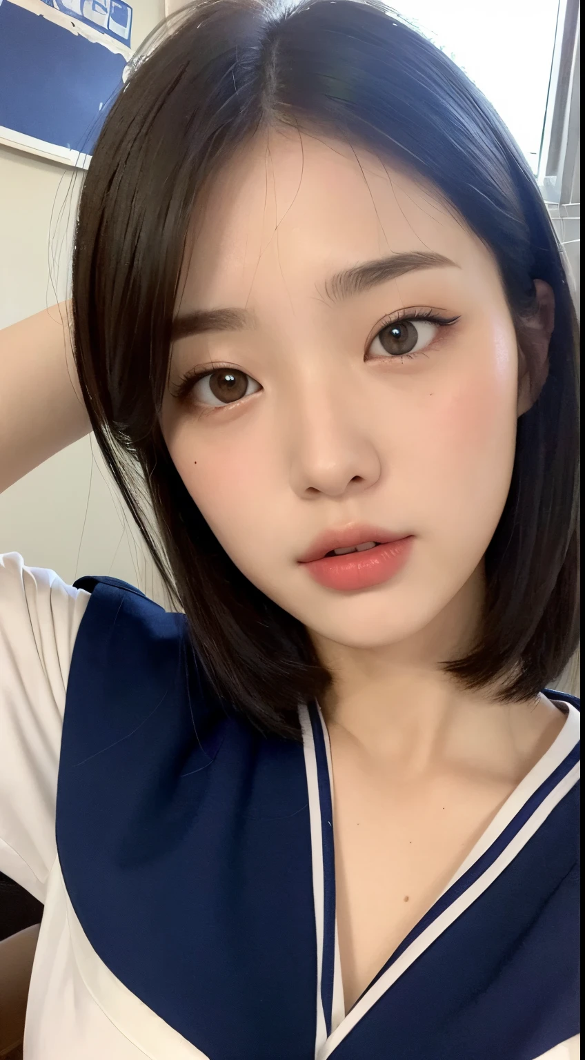 (best quality,8K,masterpiece:1.3),sharp focus:1.2,perfect body beauty:1.8,shapely buttocks:1.2,layered haircut,breasts:1.5,wet clothes:1.1,Japanese high school student,Japanese sailor uniform,school,classroom,extremely detailed face and skin texture,big eyes,fox-like face,double eyelids,pale skin,short hair.