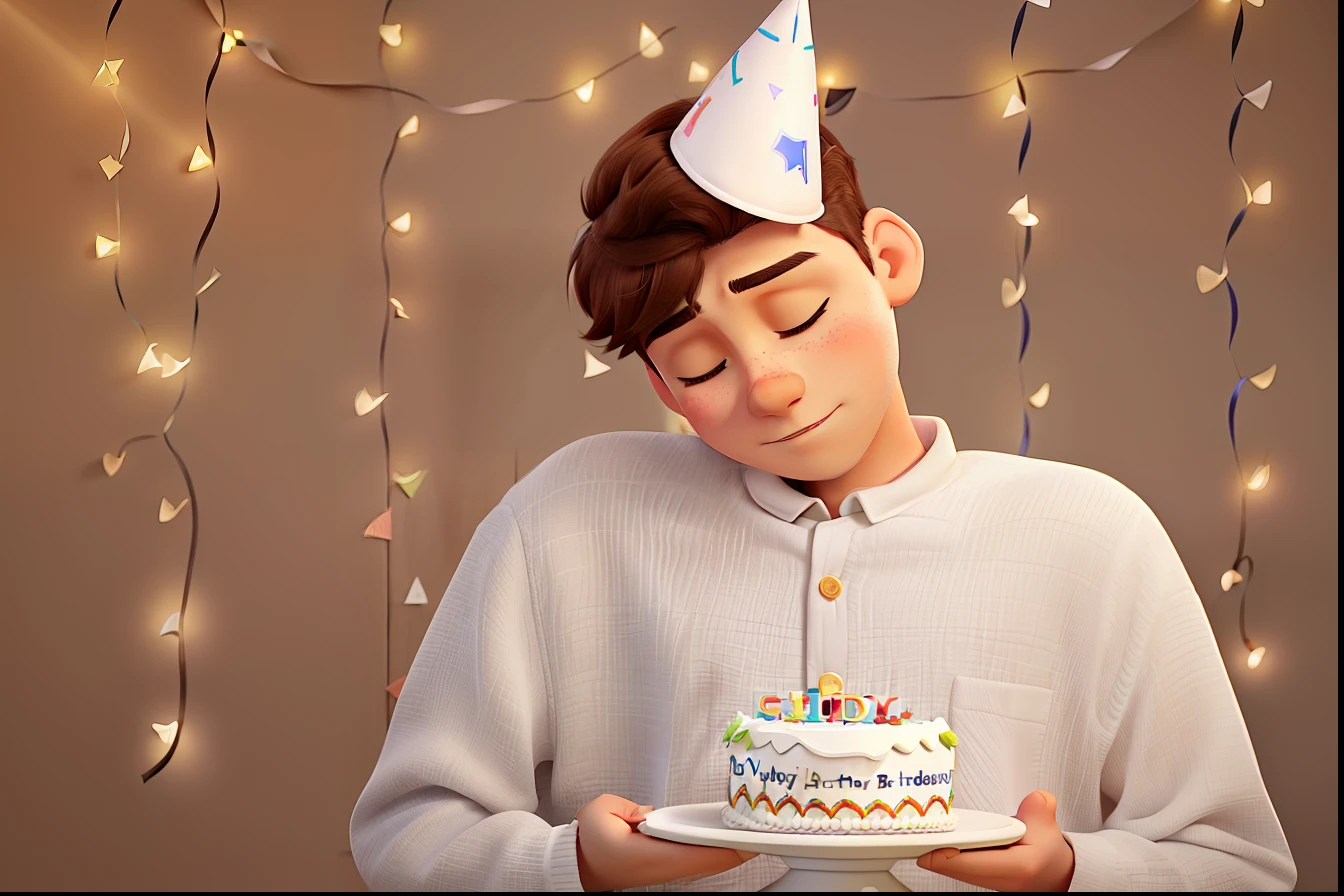 Sad boy with brown hair and white skin holding a piece of birthday cake and wearing a birthday party hat