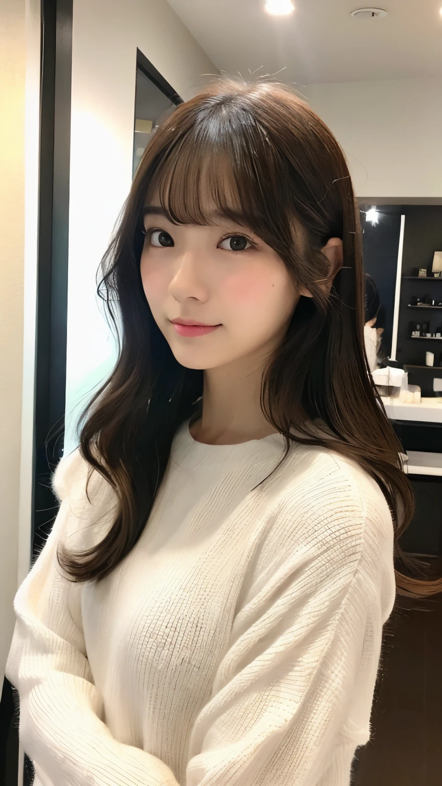 (top-quality、16K resolution)1人、独奏、natural soft light、small tits、A Japanese Lady、Looking at the camera、White long-sleeved knit、(Beauty Salon Background)、Facing the front、is standing、bobhair、Woman in her late teeight bangs、short-hair、Salon model、Natural look、portlate、floated hair、Rolled hair