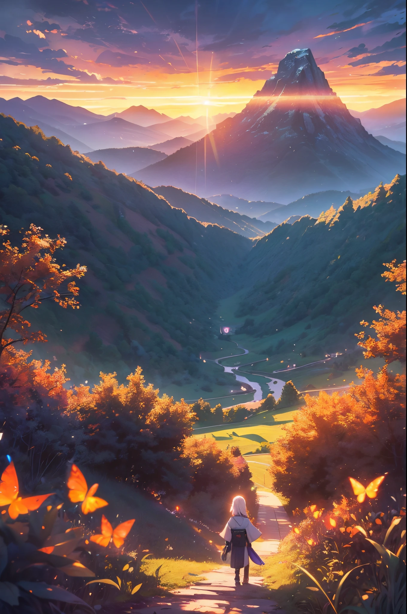 Wide landscape photography, (viewed from below, The sky is above, The open field is below), girl observes, Girl in kimono, Red-white hair, a girl standing on flower field looking up, (Meteor: 0.9), mountain in the distance , Tree Break Craft Art, (Warm light: 1.2), (firefly: 1.2), A light, lot of purple and orange, Intricate details, Volumetric Lighting BREAK (masutepiece: 1.2), (Best Quality), 4K, ultra-detailliert, (dynamic compositions: 1.4), Plenty of detail and color, (Rainbow Color: 1.2), (Glow, Atmospheric lighting), Dreamy, Magical, (Solo: 1.2)