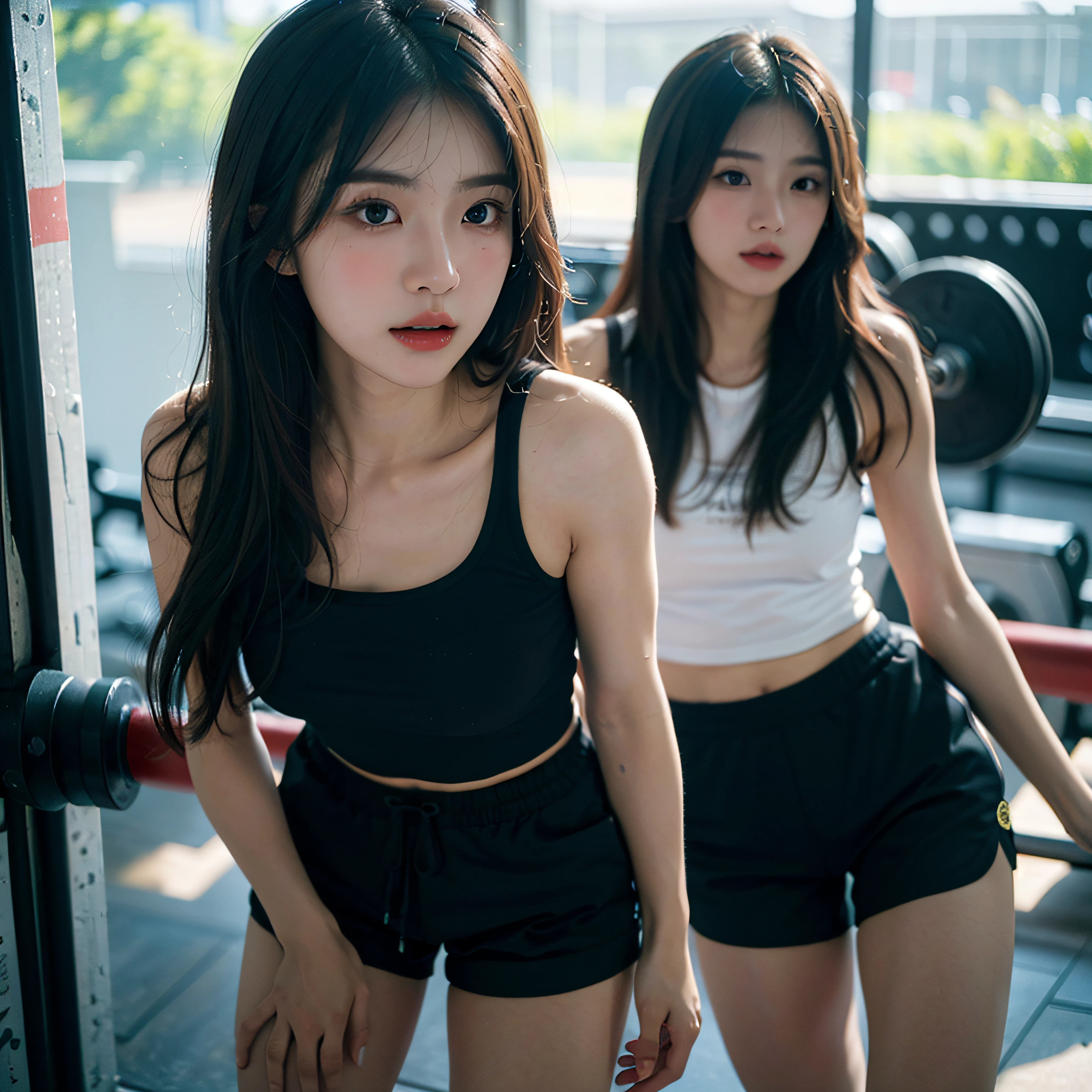 (Best quality, 8k, Masterpiece :1.3)), 1girl, Pretty woman with slender abs, (Long hair, Ultra-detailed face, Detailed eyes, Double eyelid, sport short pants, extremely short short pants, korean girl, soft lighting, depth of field, sexy pose, gym,