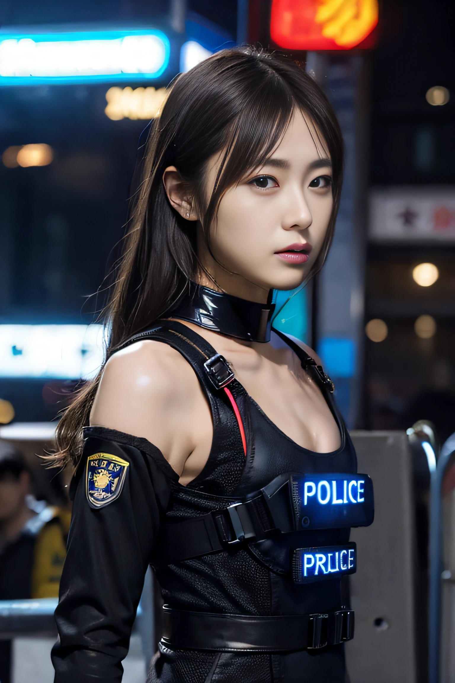 (masterpiece:1.2), ultra detailed, ultra high res, (realistic, photo realistic:1.37), high detail RAW color photo, professional photograph, extremely detailed face, extremely detailed eyes, extremely detailed skin, extremely detailed fingers, highly detailed nose, highly detail mouth, Perfect Anatomy, Highly detailed background, (a famous actress of Japan:1.2), (gals:1.3), (flat chest:1.3), brown race, dark skin, blonds hair, (flat chest:1.3), (cloths color base ratio black:0.4 white:0.5 other-color:0.1), (wearing rash-guard likes police uniform, black and gray mecha, military harness, holding a machinegun, carrying hich-tech-flamethrower -tank on back), captain, cyber city, neon signs, LED lights, dynamic lighting, any pose,