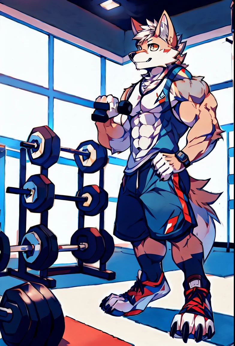 Human-wolf,Muscular,Full Body Furry,paws with claws,pass upright,Working out in a gym