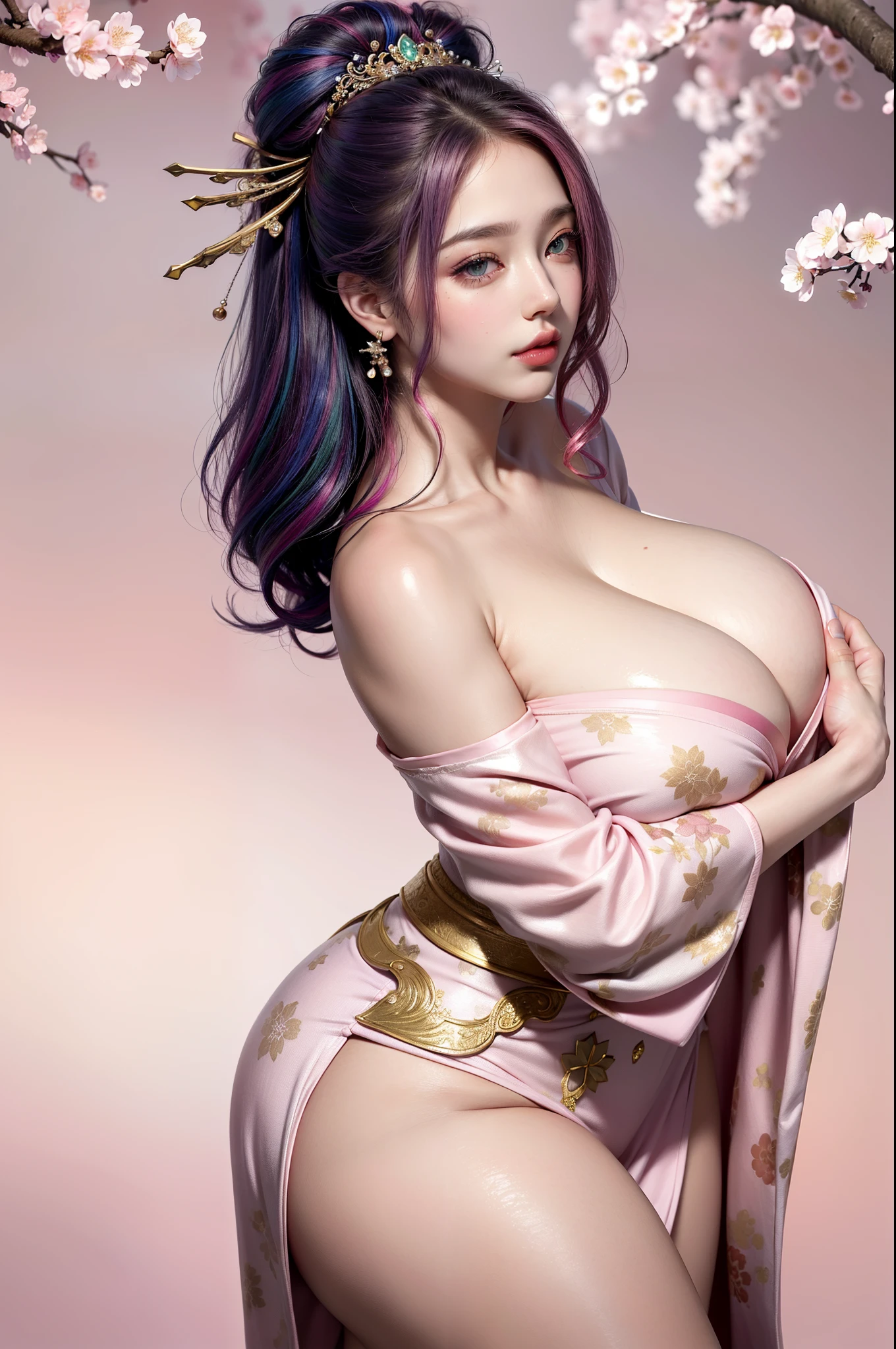 (masterpiece), best quality, expressive eyes, perfect face, beautiful details face, beautiful round eyes, full body, A beautiful mature woman in kimono Dress her Extremely busty and attractive breasts, (arrogant face, seductive gesture), (random hair colours), glowing hair, multicolored hair, (random hairstyles, shiny hair, gradient hair, colored inner hair, straight hair, medium short hair), (covered chest), fair skin, (beautiful detailed kimono Dress:1.3), (pink and white colour scheme), beautiful details eyes, (emerald eyes:1.3), (glowing eyes), hair ornament, (Gigantic saggy breasts:1.3), thick body, (thick belly), (well accentuated curves), pink lips, (silver nails), mascara, Long eyelashes, eyeliners, (Extremely wide well defined hips:1.3), (beautiful massive thick thighs), tall slender figure, (Extremely detailed skin texture:1.3), beautiful detailed realistic muscle definition, golden light that shimmer, high detailed eyes, ultra-high quality model, proportionate, intense colouration fantasy, (Cherry blossom background), beautiful background, nature, pink and white tetradic colours, jewelry, ring, earring, (1girl), solo, Capture whole body, (full body shot:1.4)