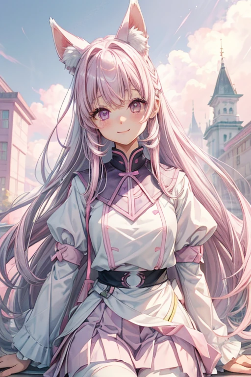 Less Luo、Pink and gray fox ears、White knee-length socks、Short pink skirt、White JK、Pink and white hair、dual horsetail、Purple and pink eyes、flatchest、Height 160cm、ar old、with a round face、With a blush and a smile on the face