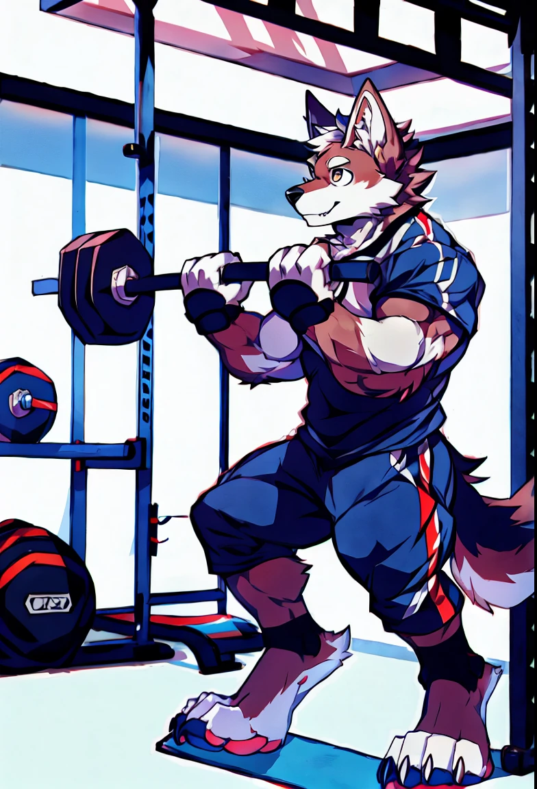 Human-wolf，Muscular，Full Body Furry，paws with claws，pass upright，Working out in a gym