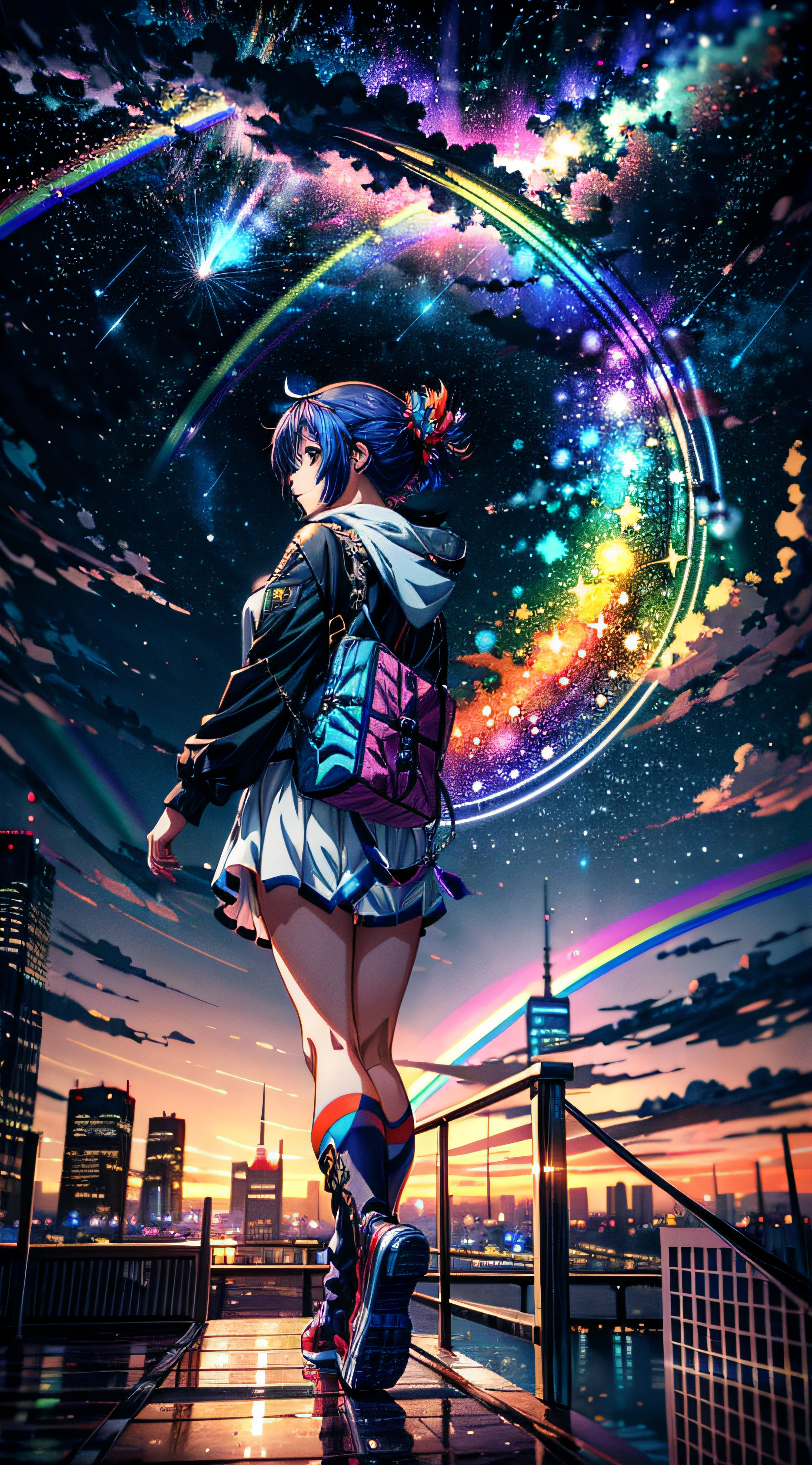 ((Rainbow Giant Shooting Star))、Anime girl looking at big city landscape,Near Future City、 makoto shinkai cyril rolando, anime art wallpaper 4k, anime art wallpaper 4k, Anime art wallpaper 8k, inspired by Cyril Rolando, in the style dan mumford artwork, amazing wallpapers, by Yuumei