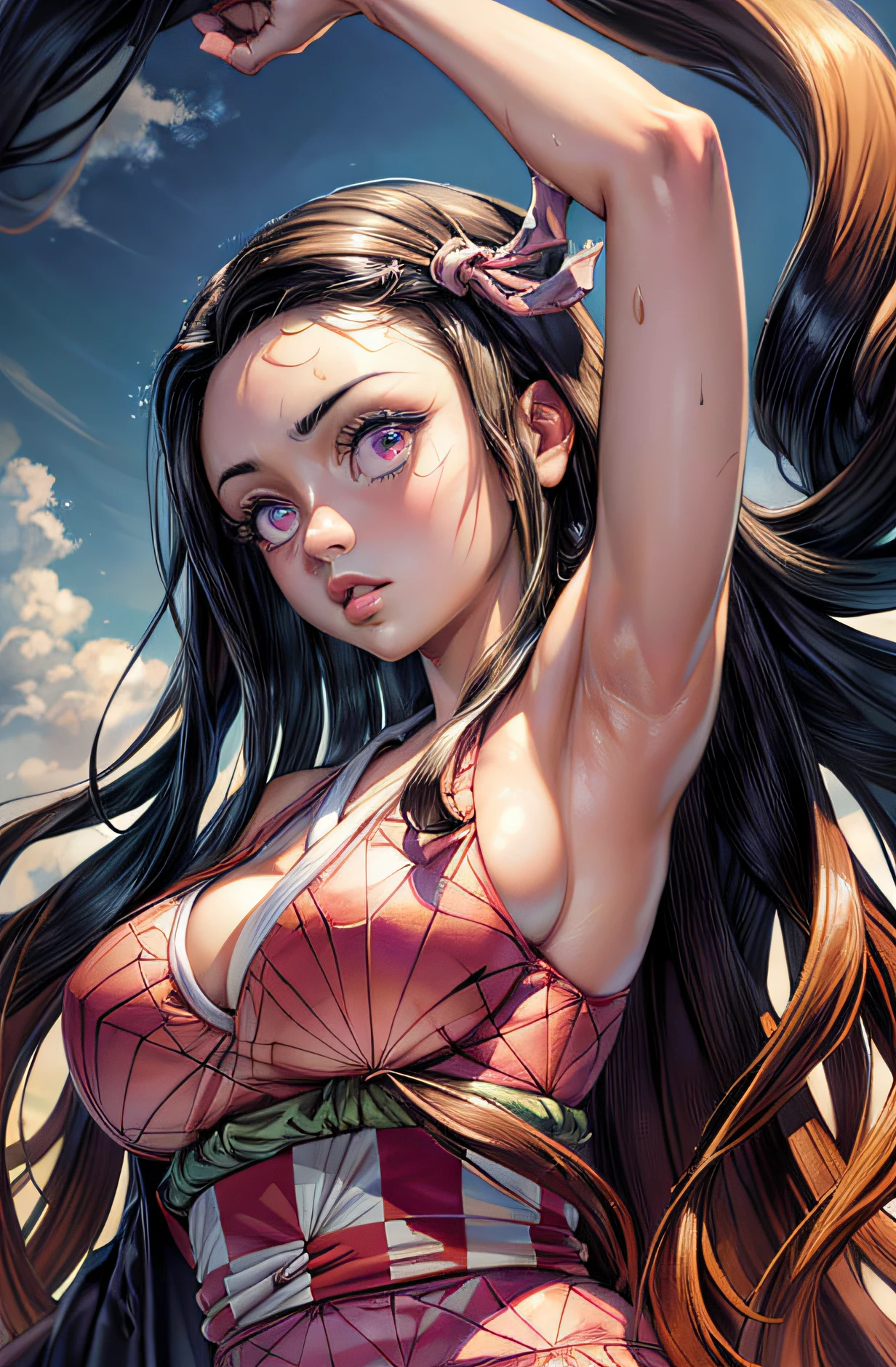 (Ultra Real), (Illustration), (High Resolution), (8K), (Very Detailed), (Best Illustration), (Beautiful Detailed Eyes), (Best Quality), (Ultra Detailed), (Masterpiece), (Wallpaper), (Detailed Face), Night Up Upper Body,Armpits, Ice Cream,Long Hair,Solo,Simple Kimono Top Girl, Sweaty, Japan Person, Big Tits, (Camel Toe) Nezuko Kamado,