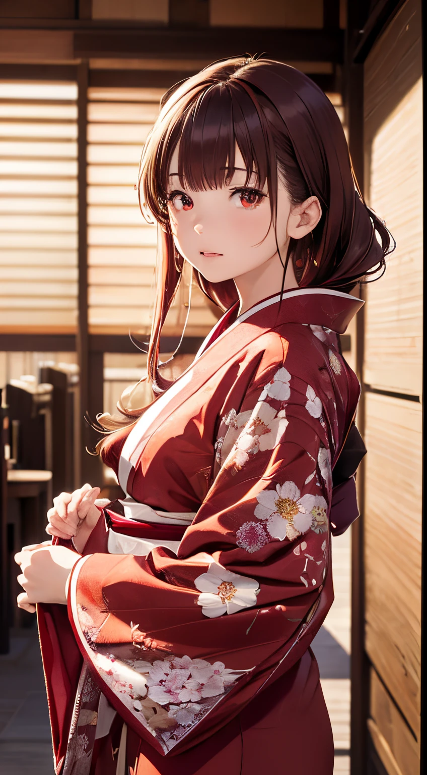 Best Quality, masutepiece, High resolution, (((1girl in))), sixteen years old,Red Eyes、wine colored kimono、((wine colored floral kimono)), Tindall Effect, Realistic, Shadow Studio, Red lighting, dual-tone lighting, (High Detail Skins: 1.2) Digital SLR, Photo, High resolution, 4K, 8K, Background blur,Fade out beautifully、white flower world