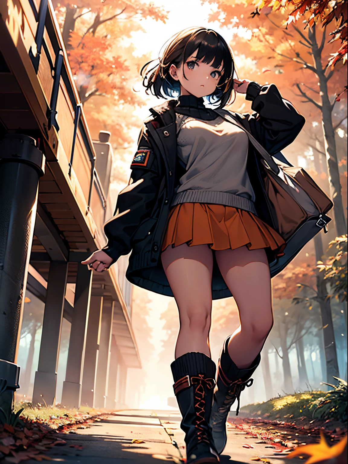 masterpiece, best quality, ultra realistic, hyper-detailed, 8k resolution, RAW photo, sharp focus, (girl in the Autumn parks), Autumnal coordination of a tight-fitting ribbed knit with a mini skirt and boots. cinematic light, small breasts, lookin' down, from below, Dynamic posing, back shot