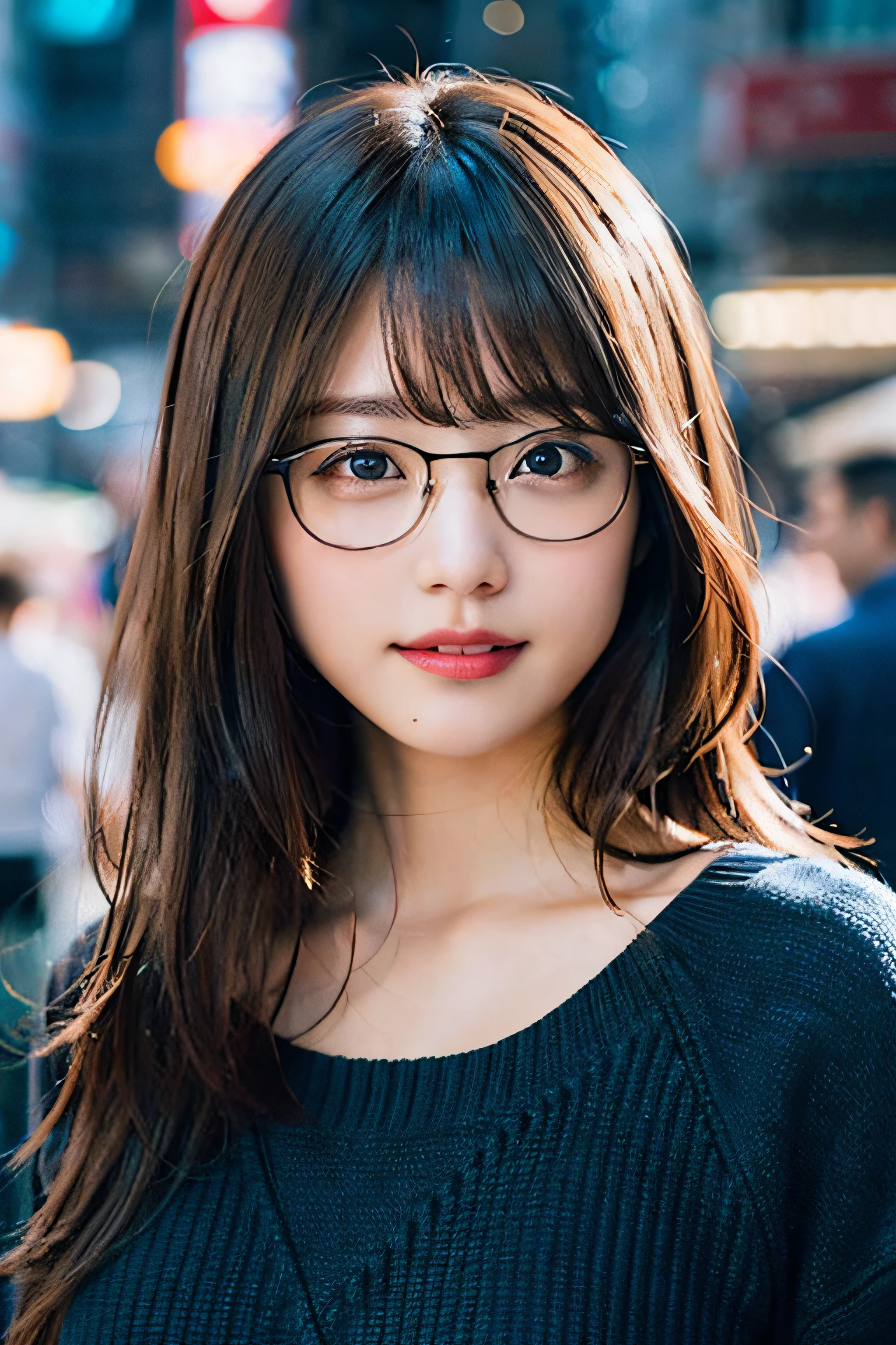 (8K、Raw photography、top-quality、​masterpiece:1.2)、(realisitic、Photorealsitic:1.37)、ultra-detailliert、超A high resolution、女の子1人、see the beholder、beautifull detailed face、A smile、Constriction、(Slim waist) :1.3)、Autumn clothes、Beautiful detailed skin、Skin Texture、Floating hair、((Curly hair))、Professional Lighting、In the city at night、((Black square glasses ))、Whole human body、Brown hair