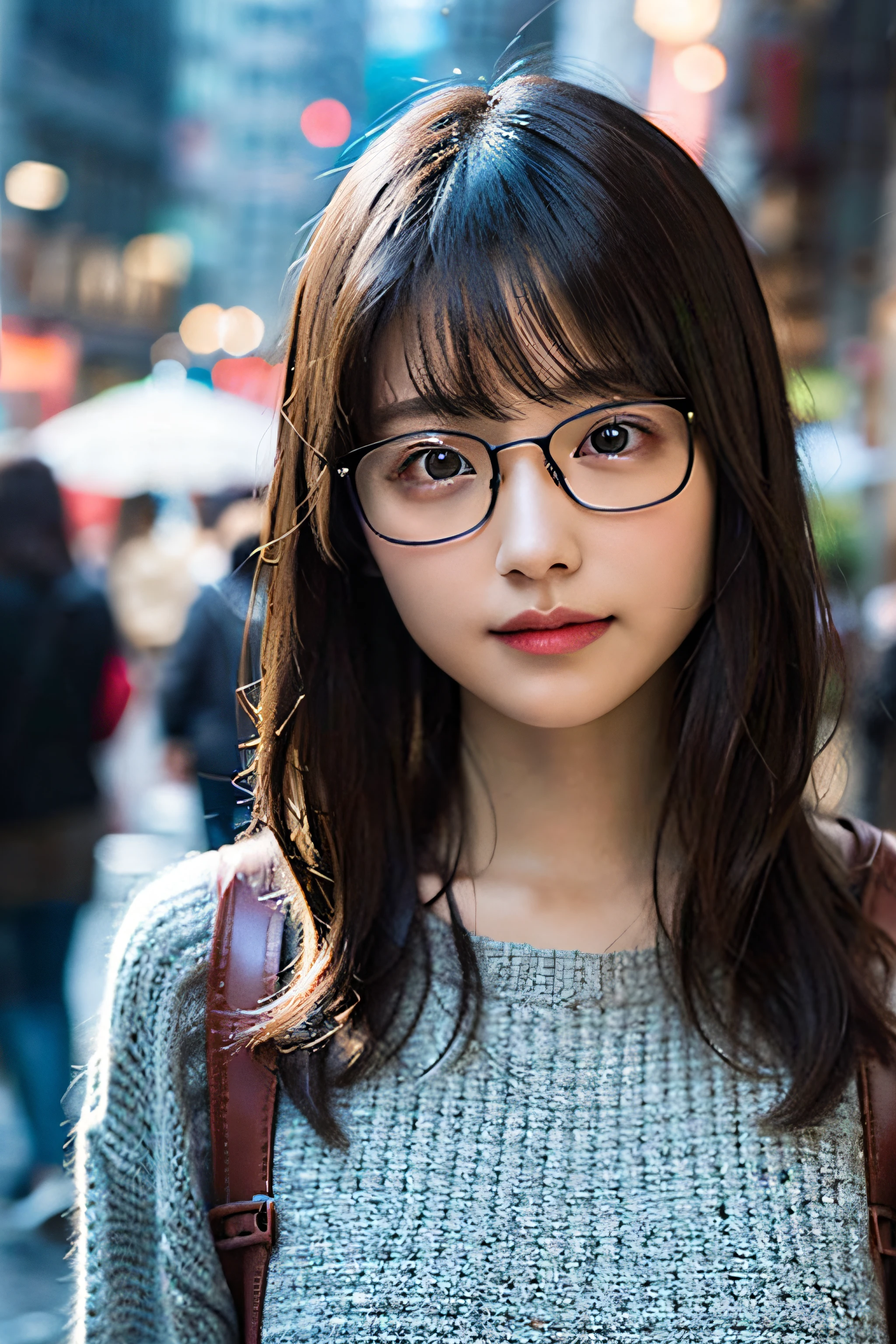 (8K、Raw photography、top-quality、​masterpiece:1.2)、(realisitic、Photorealsitic:1.37)、ultra-detailliert、超A high resolution、女の子1人、see the beholder、beautifull detailed face、A smile、Constriction、(Slim waist) :1.3)、Green summer clothes、Beautiful detailed skin、Skin Texture、Floating hair、Professional Lighting、In the rainy city、Hair, clothes or skin are wet from rain、Square glasses with black   、Whole human body、Brown hair