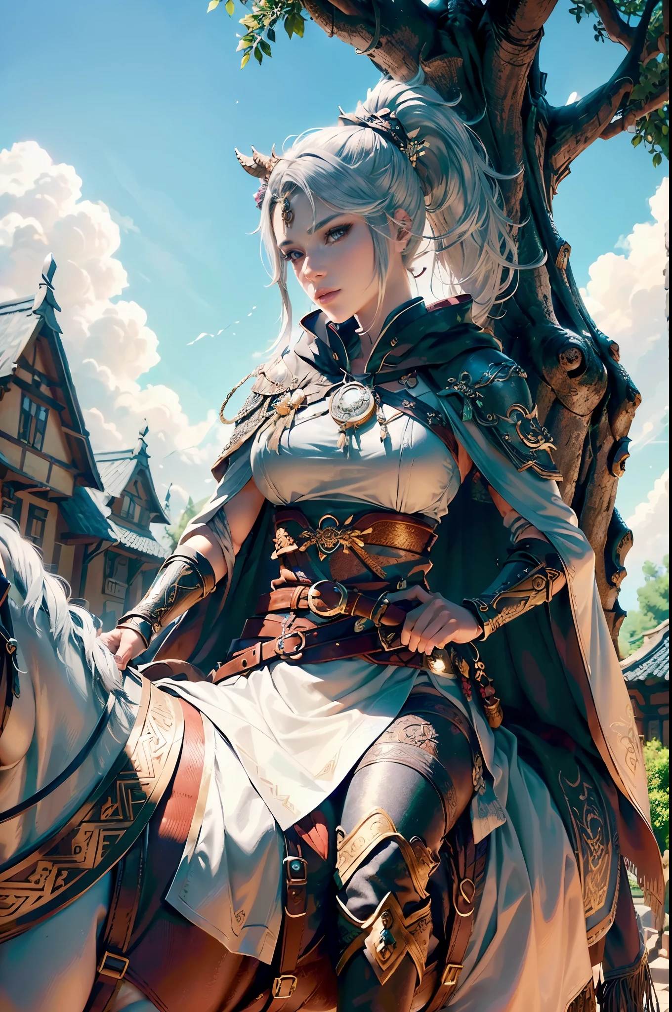 (generate a female warrior with ponytail hair, lubu head ornament, villagers background, tree behind, riding a horse, wearing sexy armor, silver medalion on chest, belt with dragon ornament, (luxury cloak), hold an axe, beautifull sky, beautifull scene, detail village houses, detail road, beautifull face, pretty face, beautifull eyes, beautifull nose, raytracing, beautifull fingers, beautifull hands, (4 fingers in 1 hand),closed up photoshoot, pretty makeup, perfect anatomy, good lighting, professional photoshoot, sharp eye, fresh lips