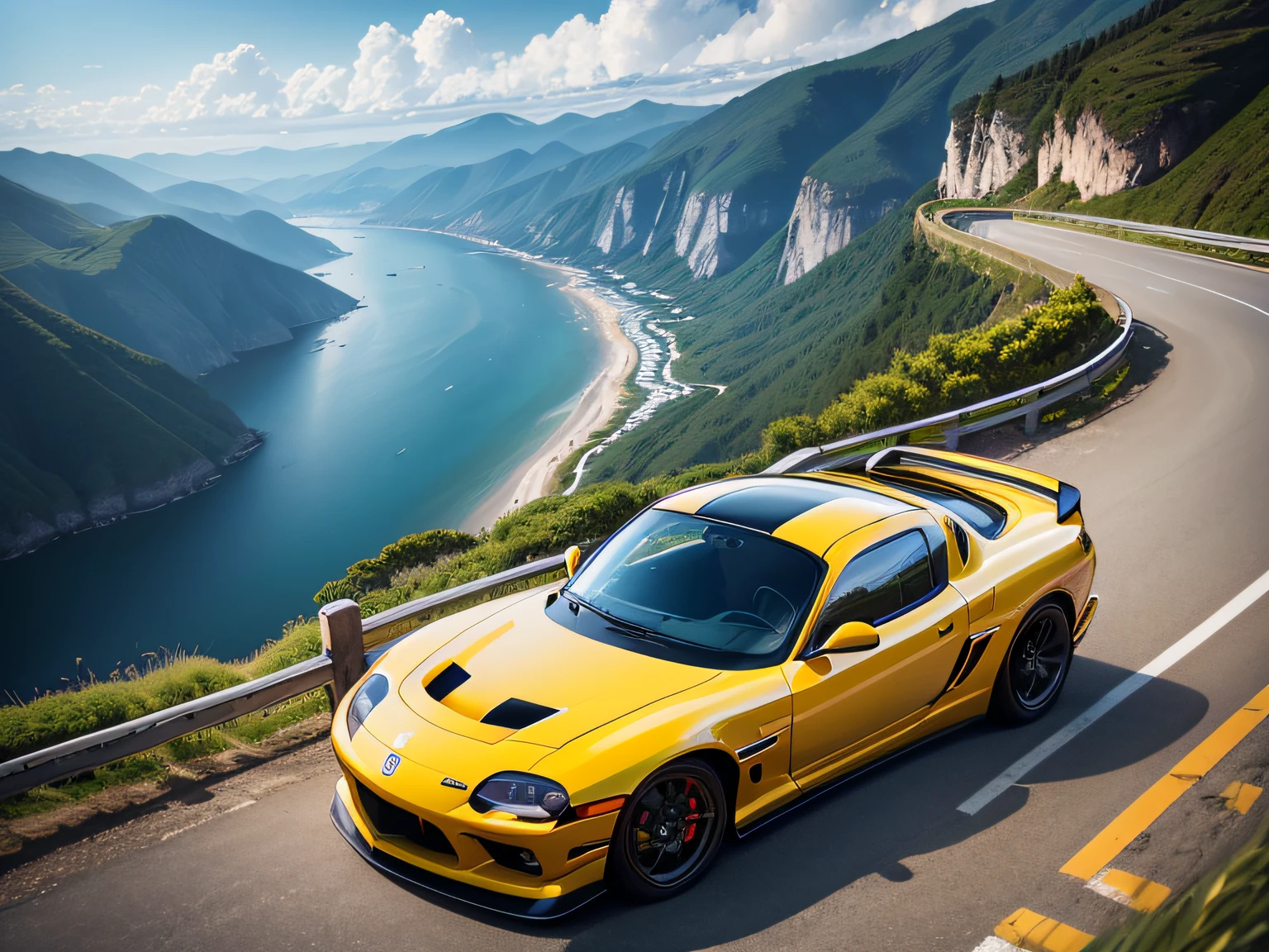 超A high resolution、An ultra-high picture quality、8K、Detailed details、marvelous expression、early summer coastline、Beautiful fresh greenery and lapping waves、A red car runs elegantly on a mountain pass road along the coast....、((Mazda RX-7 ))