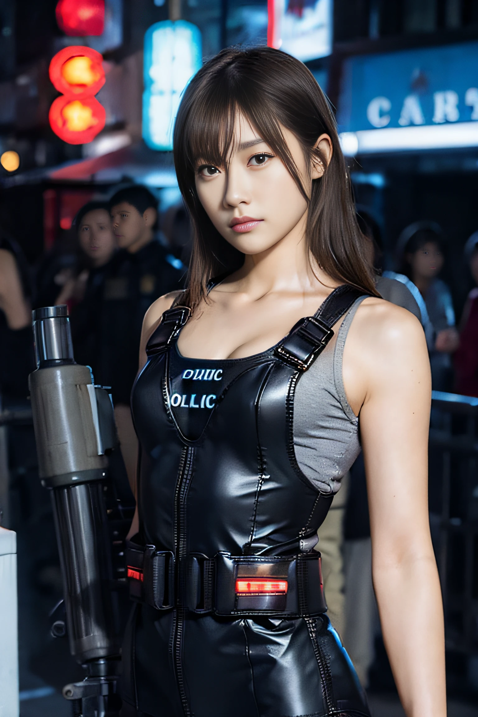 (masterpiece:1.2), ultra detailed, ultra high res, (realistic, photo realistic:1.37), high detail RAW color photo, professional photograph, extremely detailed face, extremely detailed eyes, extremely detailed skin, extremely detailed fingers, highly detailed nose, highly detail mouth, Perfect Anatomy, Highly detailed background, (a famous actress of Japan:1.2), (gals:1.3), (flat chest:1.3), brown race, dark skin, blonds hair, (flat chest:1.3), (cloths color base ratio black:0.4 white:0.5 other-color:0.1), (wearing rash-guard likes police uniform, black and gray mecha, military harness, holding a machinegun, carrying hich-tech-flamethrower -tank on back), captain, cyber city, neon signs, LED lights, dynamic lighting, any pose,