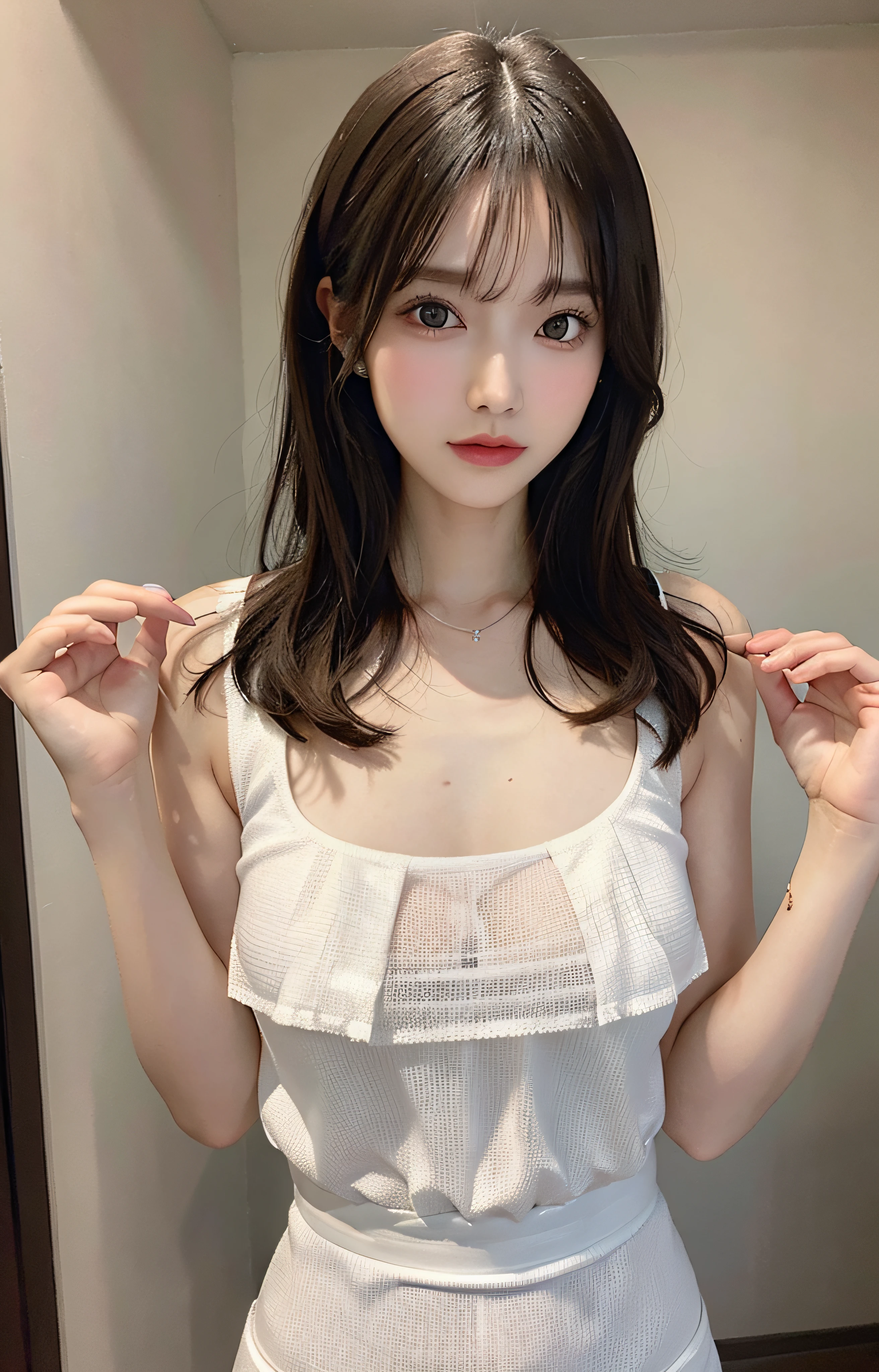 （（midnight，Best quality，8K，Jeizuo：1.3）），all body，long-legged，Keen focus：1.2，Beautiful woman with perfect figure：1.4，Slender abs：1.1，（（Dark brown hair，Big tits：1.4））， （Short torso，{{{Very long legs}}}， {{{Very thin waist}， {Very small buttocks}， {{Very large breast aggregation}}，
 {{{Different collarbones}}}，
{{{White skin}}}， {{{Light brown hair}}}，
{{{head}}}，{{25-year-old}}}， {{{waistline}， {{{Emotionless face}， {audience}， {{Chest height view}}}， {White tube miniature mini dress}， {{{Pink ultra-sheer mesh dress}}， {{Sleeveless dress with full exposure， The neckline is straight and straight}}， Thin white necklace）， （（Bedroom at night））， highly detailed face and skin texture， Detailed eyes， Double eyelids，Spread your legs，Panties exposed，Panties are gone，Extra-large big breasts，Deep cleavage，Full body cutout，Hands up，A shy expression，Special lenses
