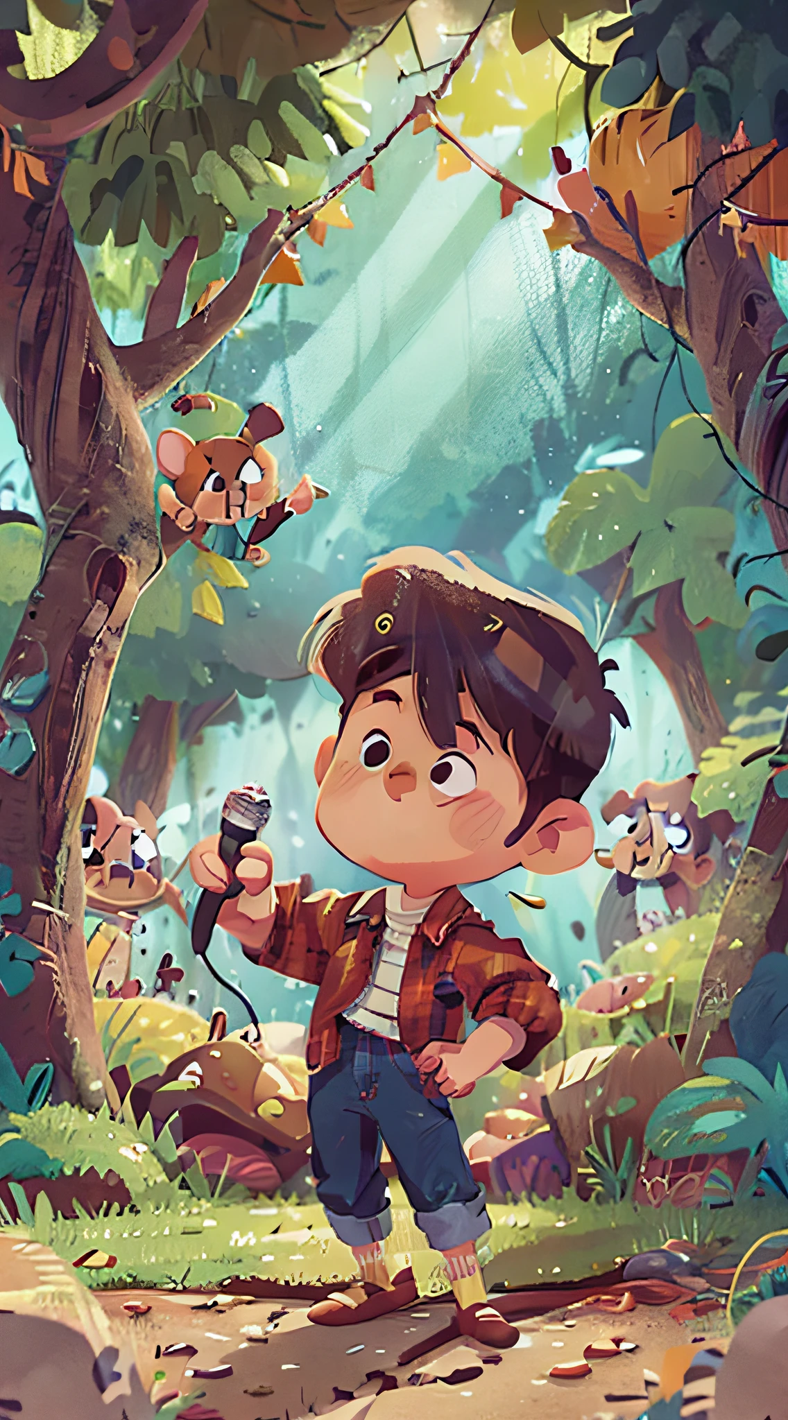 cartoon character boy,Microphone in hand,Background autumn,host poster