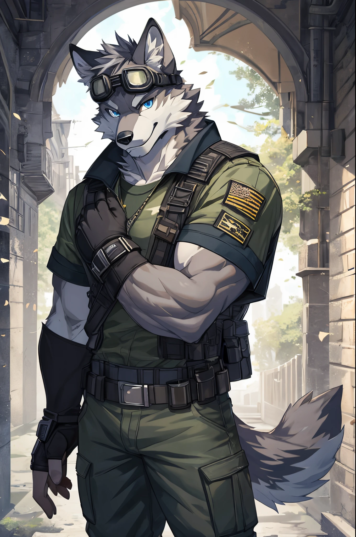 Masterpiece, Solo, Furry Gray Wolf, Gray Fur, Blue Eyes, Gray Short Hair, Medium Muscular Body, Cool Pose, Smiling, Handsome, Combat Shirt, Combat Gloves, Combat Pants, Goggles, Good Looking, Fierce.