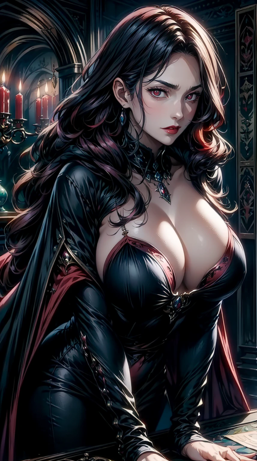 (masterpiece), 1girl, solo, best quality, expressive eyes, perfect face, upper body, beautiful face, mature woman, focused, beautiful eyes, red eyes, long hair, black hair, vampire lady, vampire outfit, dark fantasy, vampire castle, blue fire candles, cleavage, front view, close up, pink lipstick, crystal necklace, pink blush, facing viewer, grown up woman , mature face