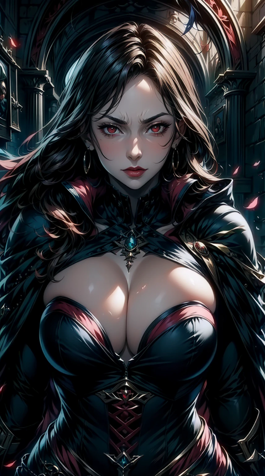 (masterpiece), 1girl, solo, best quality, expressive eyes, perfect face, upper body, beautiful face, mature woman, focused, beautiful eyes, red eyes, long hair, black hair, vampire lady, vampire outfit, dark fantasy, vampire castle, blue fire candles, cleavage, front view, close up, pink lipstick, crystal necklace, pink blush, facing viewer, grown up woman , mature face