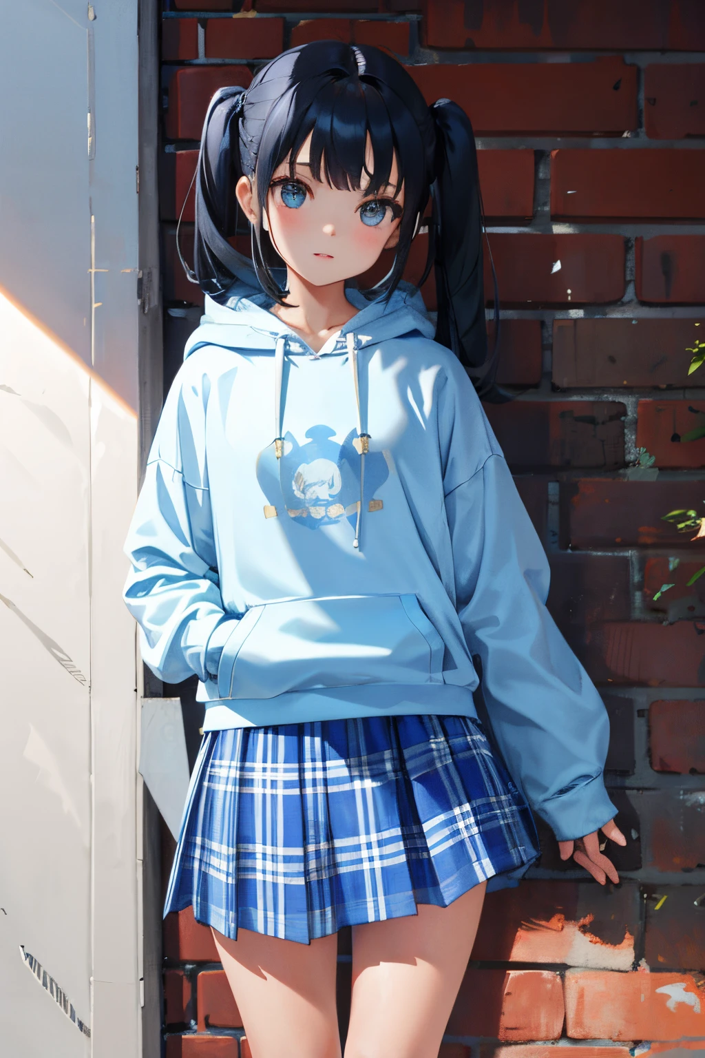 child,(masterpiece,Highest Quality),Light blue hoodie,(white plaid skirt),Short sleeved black hair