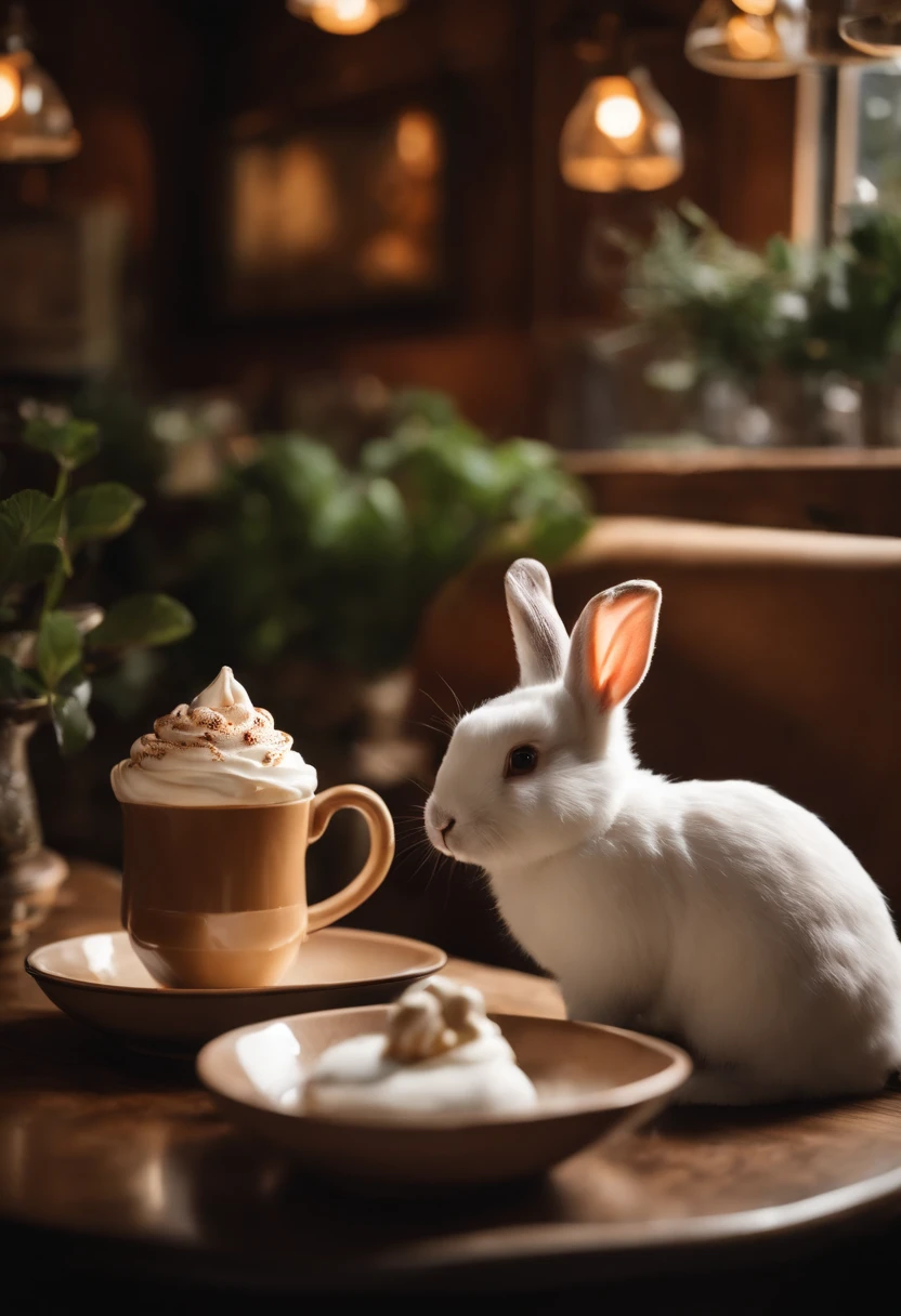 The image shows a cozy nook in a vintage-inspired cafe, with a delightful rabbit-shaped dessert and a cup of steaming hot rabbit-themed latte art on the table.,original,I love rabbit.