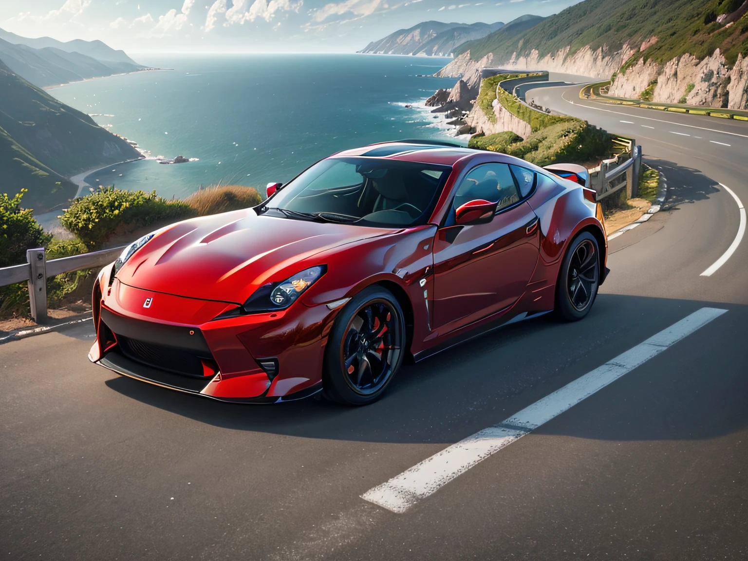 超A high resolution、An ultra-high picture quality、8K、Detailed details、marvelous expression、early summer coastline、Beautiful fresh greenery and lapping waves、A red car runs gracefully on the mountain pass road along the coast.....、((NISSAN FairladyZ・3000ZR))
