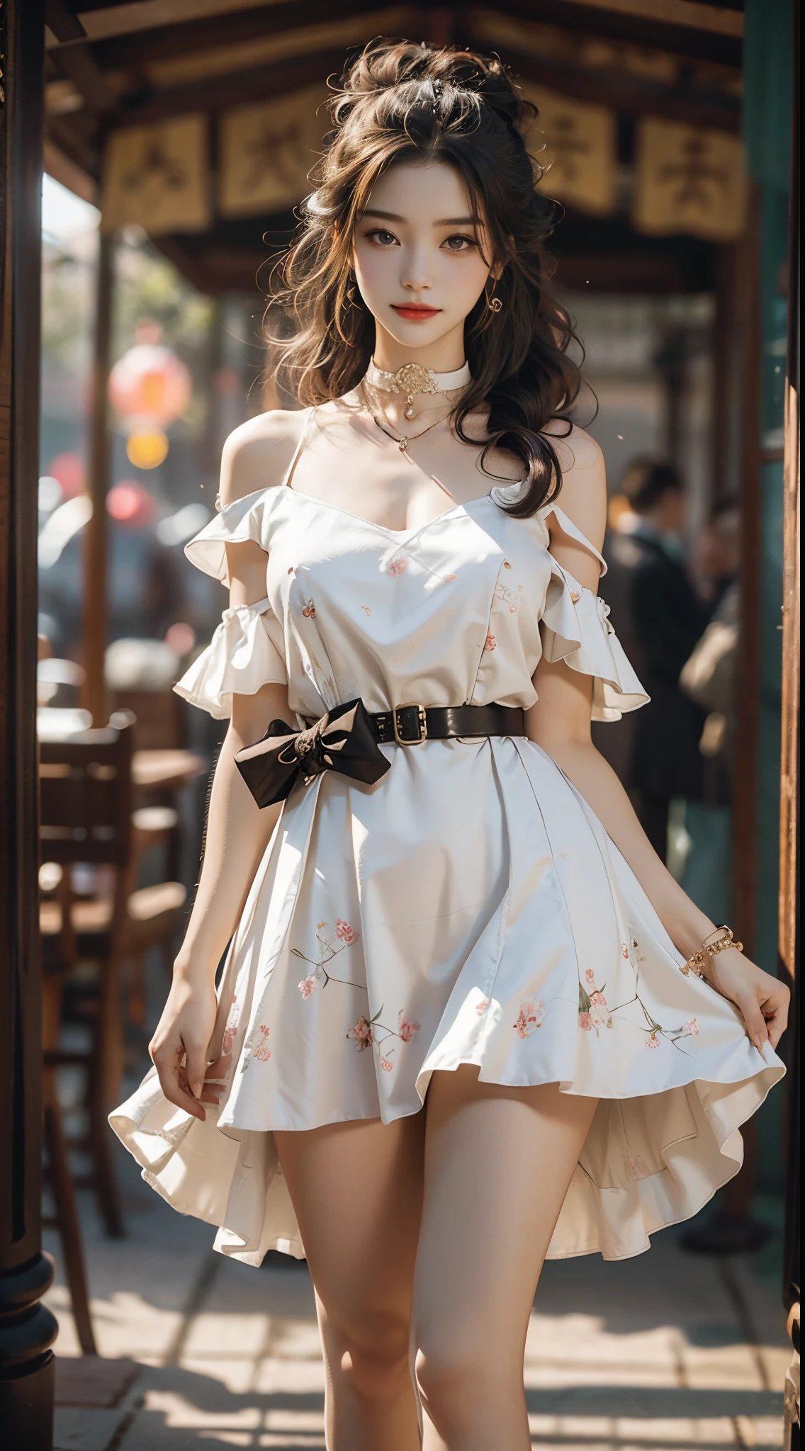 ((realistic)), a young girl, beautiful teenage girl, White floral dress, high-waist, Nice belt, cropped shoulders, slim, Slimming the waist, high-heels, Shy, grin, 耳Nipple Ring、choker necklace、Hairpins，Heavy makeup，Gorgeous eye makeup，extremely beautiful eyes, golden hair, curlies, Long flowing hair, simple backgound, In the gazebo, standing on your feet, leaning against pillars, Cross ed leg, Flirting skirts, posed for photo, posing elegantly, Random shooting angle, warm lights, a warm color palette, Professional lighting, フォトンマッピング, ラジオシティ, Physically-based rendering, RAW photos, Best quality, beauitful face,  Beautiful skins， Attractive， 超高分辨率， ultra real photo